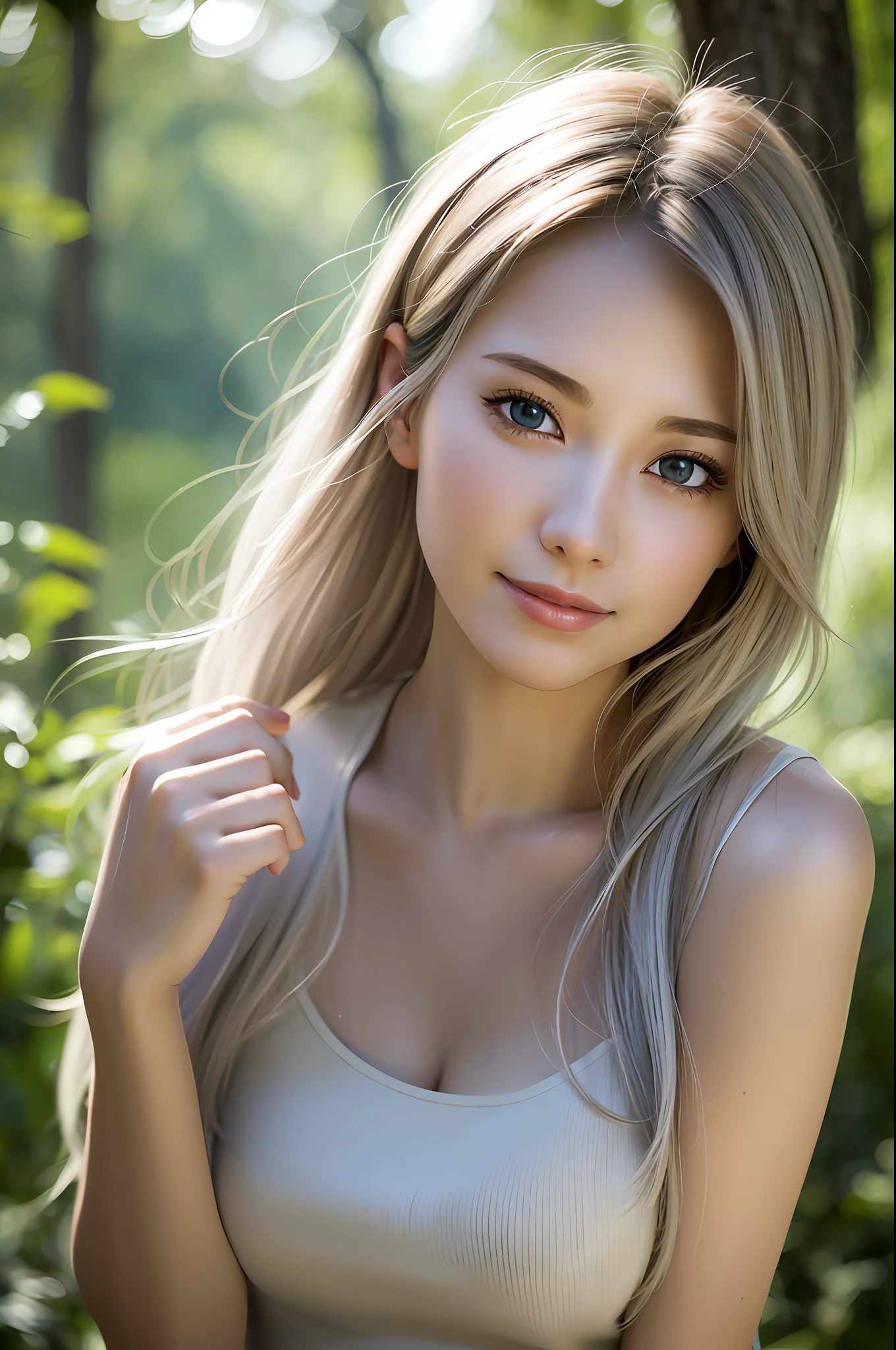 (Silverhair: 1.8), Break (Bob: 1.8), Break (White Button Dress: 1.8), Masterpiece, Ultra High Resolution, Viewer's View, Physically Based Rendering, (Morning Glory: 1.5), (Natural Light: 2.0), Depth of Field, (Photo Portrait | Sony a7|135mm Lens|f2:1.0), (Lens Flare | Soft Focus: 1.5), Best Quality, Ultra High Resolution, (Photoreal :1.5), (Full body: 1.5), (Smile: 1.4), (Impressionist, loose brushwork, fleeting light, evocative mood: 1.5), (Soft colors, atmospheric depth, hazy edges, visual poetry: 1.5), (Gentle and soft attitude person: 1.5), (Beautiful woman in deep forest nature: 1.5), (1 girl: 1.5), (Solo girl: 1.3), (Solo woman: 1.3) , (Solo Woman:1.3), (Tall Person:1.2), (Detailed Beautiful Face:2.0), (Beautiful Face:1.7), (Detailed Beautiful Eyes:2.0), (drooping eyes:1.5),(Tender gaze:1.5), Break (Big blue eyes:1.1), Break (Pupil dilatation:1.3), [Focus adjustment eyes:1.5], (To have a clear nose:1.3), (Mouth closed:1.5), (Fine hair:1.5 ), (Slender Body: 1.1), (Slim Body: 1.7), (Slender Shoulders: 1.5), (Sloping Shoulders: 1.5), (Under Bust: 1.7), (Big: 1.8), (Firm: 1.8), (Thin Arms: 1.5), (Thin Legs: 1.5) Break (Only one person in the photo: 1.5),