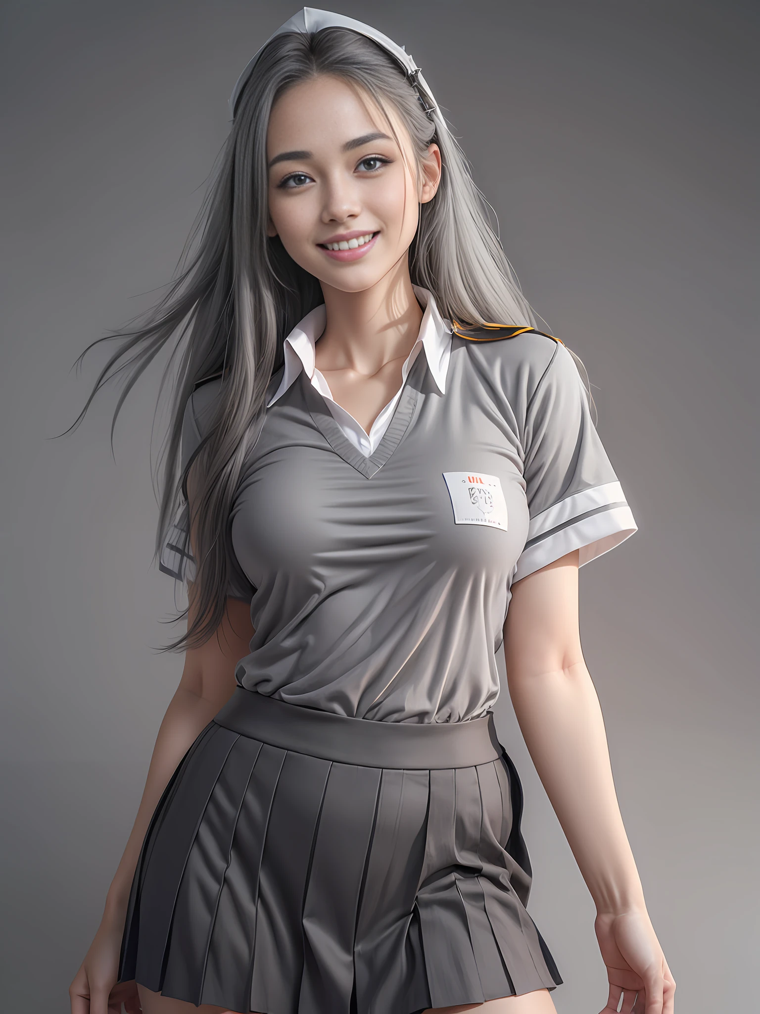 (grey background:1.5), (photorealistic:1.4), (best quality:1.0), (ultra highres:1.0), 8k, RAW photo, (masterpiece:0.2), 1girl, beautiful skin, detailed skin, big smile, teeth, (uniform:1.5), , white singlett