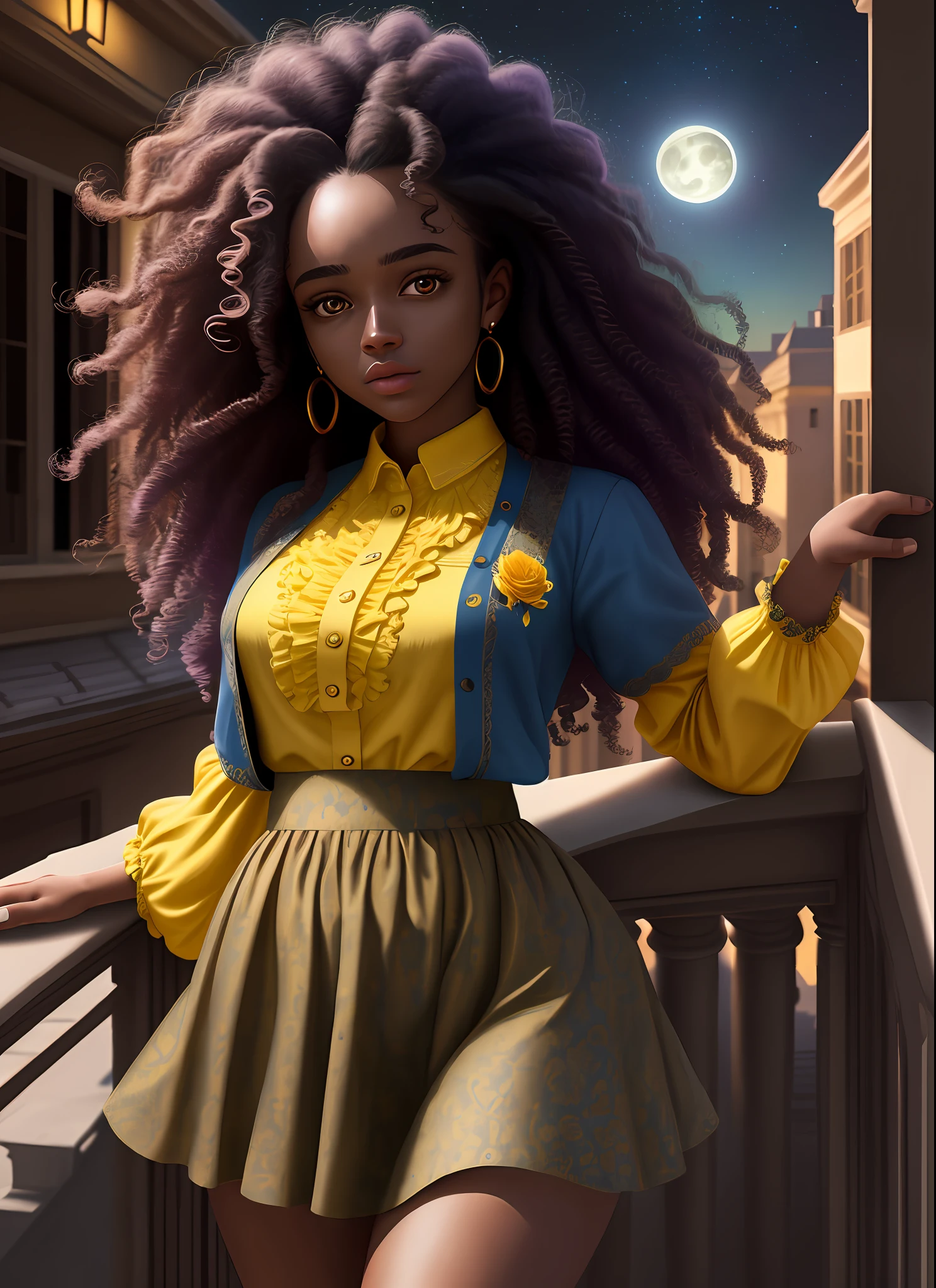 Ultra-realistic, girl alone, 4k, professional photo, 25 year old girl, black girl, girl is on the balcony of a brown mansion, big curly hair, HDR, detailed face, medium body, yellow skirt with flower, (open blue shirt), Masterpiece, (lighting), (1solo), (1girl), detailed background, realistic background, realistic fabric, purple flower tree, detailed eye, detailed mouth, night sky,  moonlight, illumination