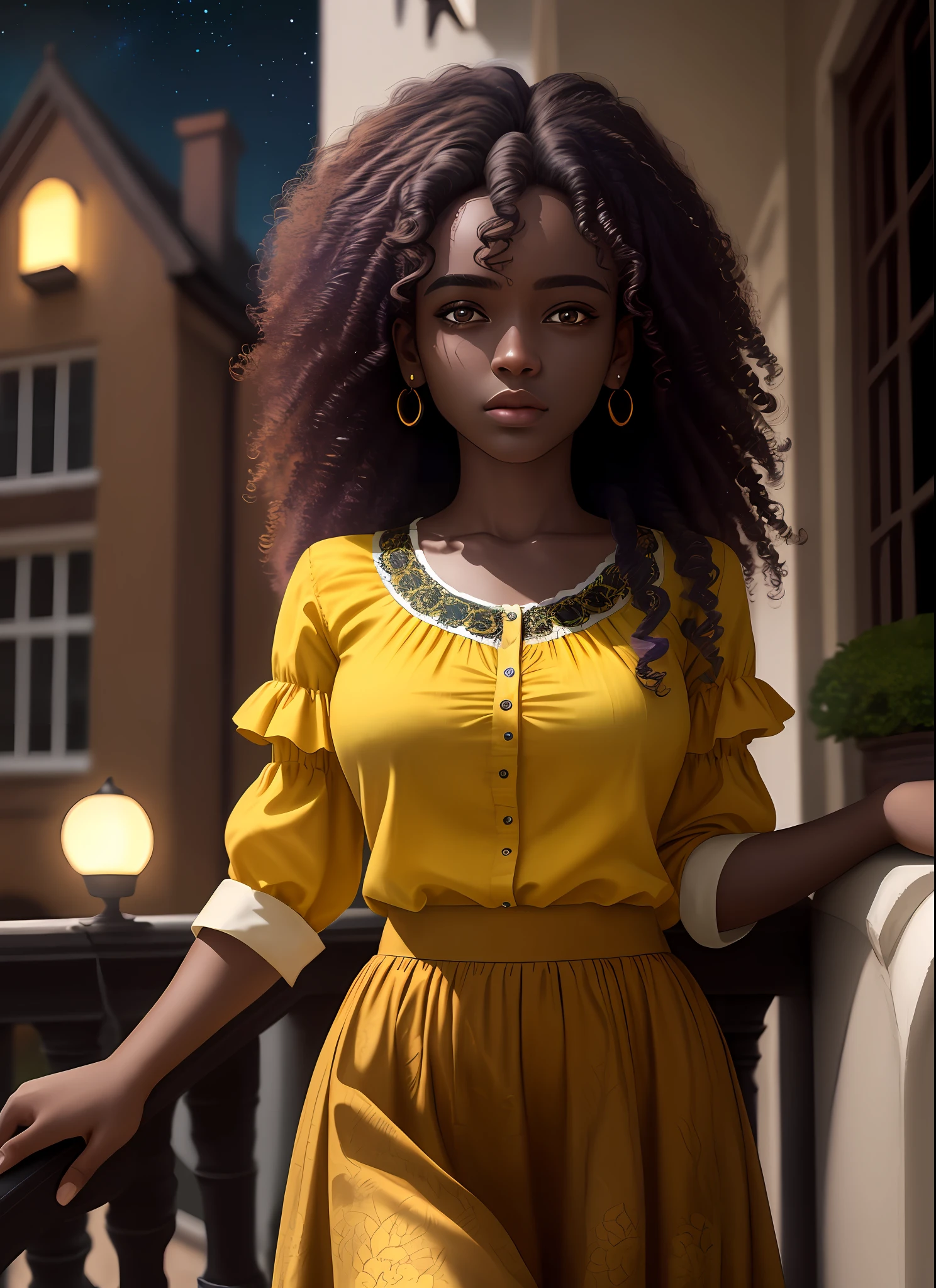 Ultra-realistic, girl alone, 4k, professional photo, 25 year old girl, black girl, girl is on the balcony of a brown mansion, big curly hair, HDR, detailed face, medium body, yellow skirt with flower, (open blue shirt), Masterpiece, (lighting), (1solo), (1girl), detailed background, realistic background, realistic fabric, purple flower tree, detailed eye, detailed mouth, night sky,  moonlight, illumination
