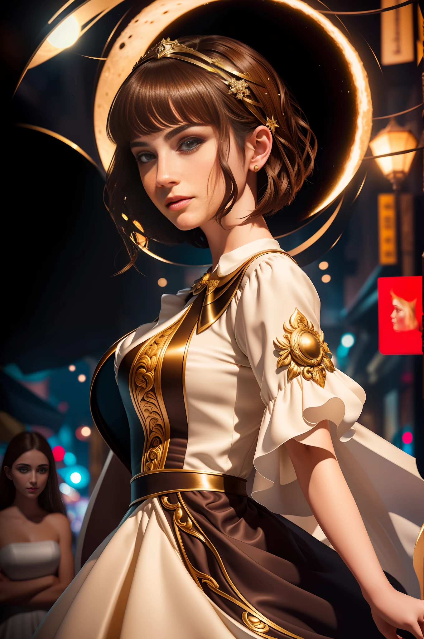 best quality, masterpiece, ultra resolution, (unreal engine: 1.4, realistic: 1.4), original photo, masterpiece, best quality, super detail, Illustrations, (bust shot, street, moon light), masterpiece, 1girl, solo exhibition, beautiful woman on bustling street, surrounded by vendors, beautiful goddess girl portrait, beautiful and detailed face, porcelain skin, ((bust lens, center, night, brunette hair, short hair)), super soft lighting, symmetry, complexity, elegance, high detail, realism , art, concept art, smile, fantasy costume, super fine costume,