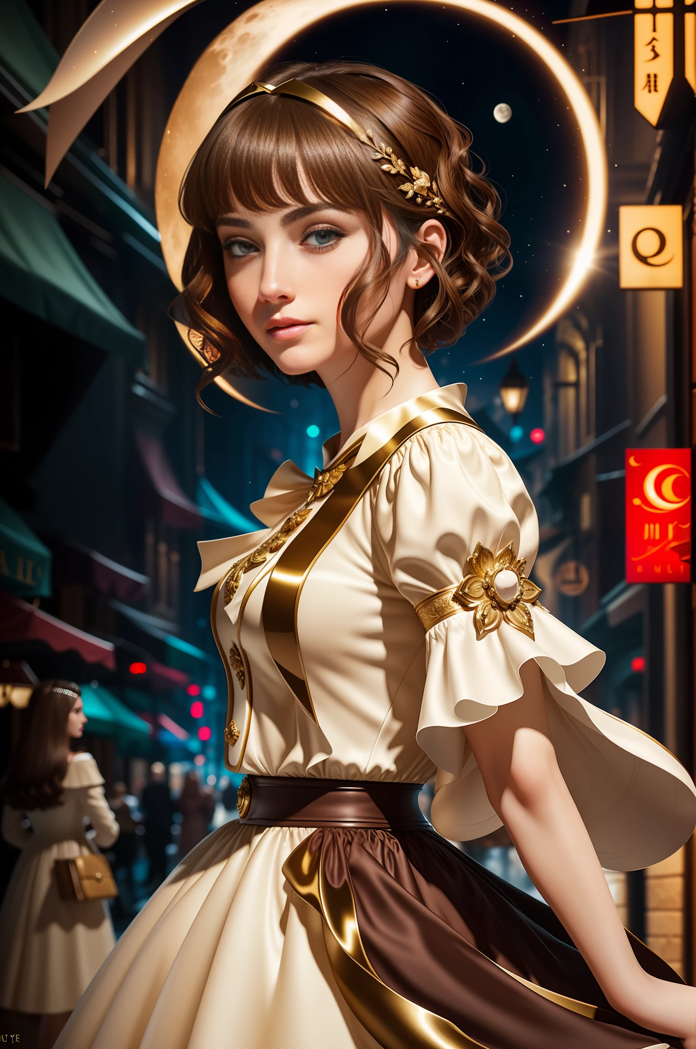 best quality, masterpiece, ultra resolution, (unreal engine: 1.4, realistic: 1.4), original photo, masterpiece, best quality, super detail, Illustrations, (bust shot, street, moon light), masterpiece, 1girl, solo exhibition, beautiful woman on bustling street, surrounded by vendors, beautiful goddess girl portrait, beautiful and detailed face, porcelain skin, ((bust lens, center, night, brunette hair, short hair)), super soft lighting, symmetry, complexity, elegance, high detail, realism , art, concept art, smile, fantasy costume, super fine costume,