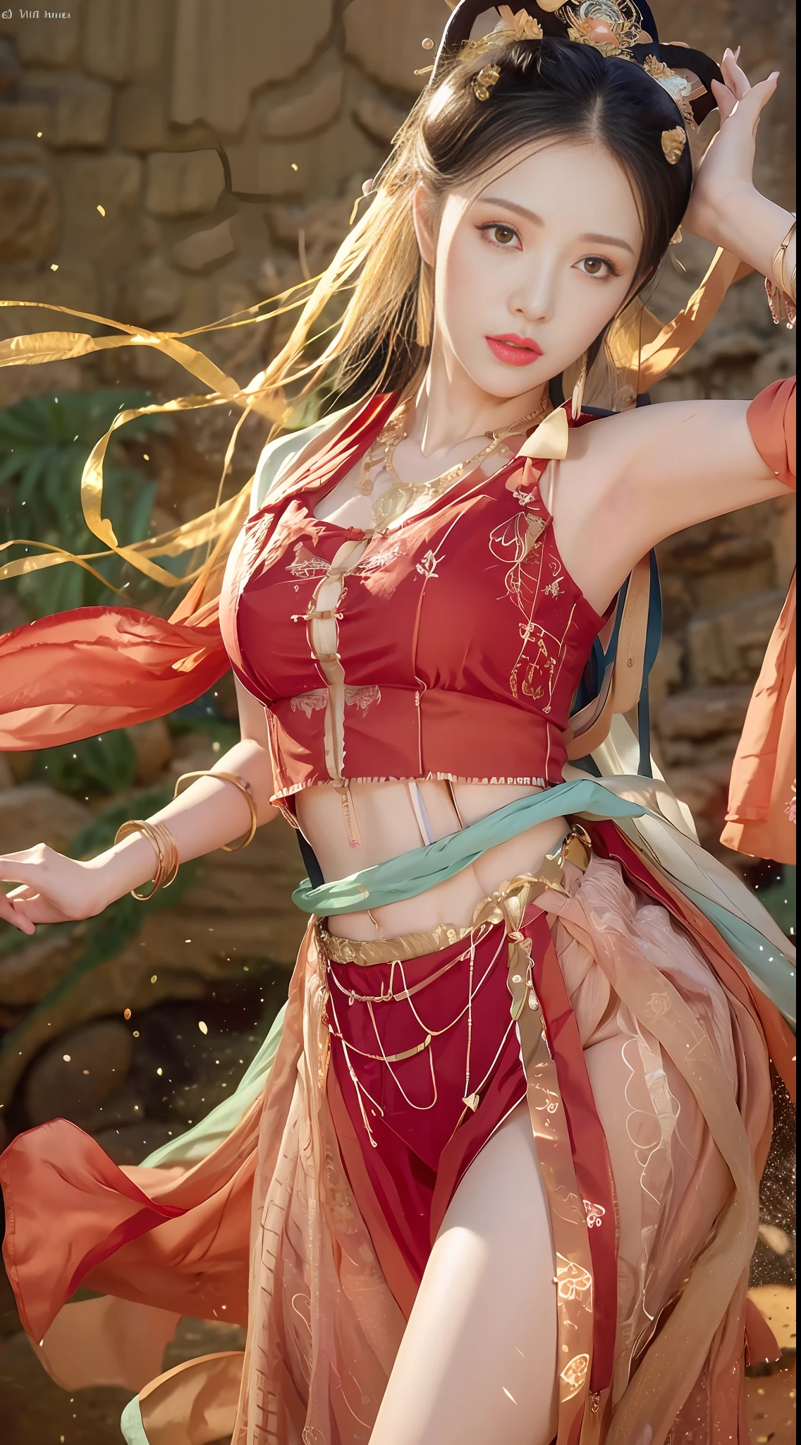 (8k, RAW photo, best quality, masterpiece:1.2), (realistic, photo-realistic:1.4), (extremely detailed CG unity 8k wallpaper), (1 girl:1.5), Western beauty, (Red clothes: 1.4), red spots on forehead, pale skin, blush, big eyes, full body, thighs, open navel, gold waist chain, gold jewelry, flying ribbons, particles, background is Loulan ancient city, ancient city wall, desert, dance, dunhuang_dress, dunhuang_style,