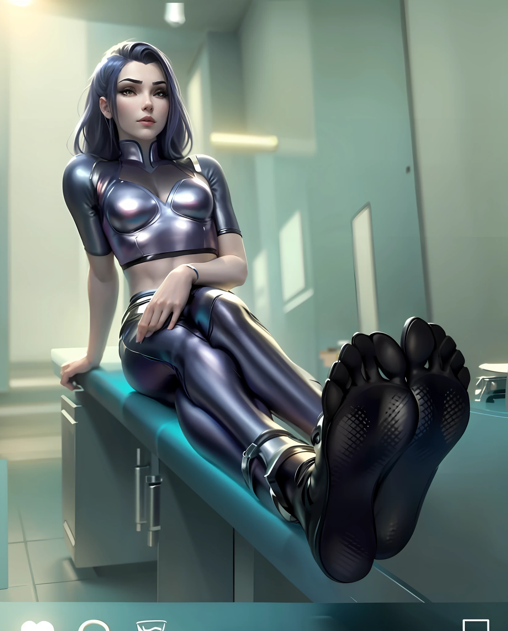 Widowmaker sitting on a counter with her feet up, feet posing, high soles, her foot sticking out, feet art pov, feet art, very comfy, legs taking your pov, 2 4 year old female model, very high view, very comfy