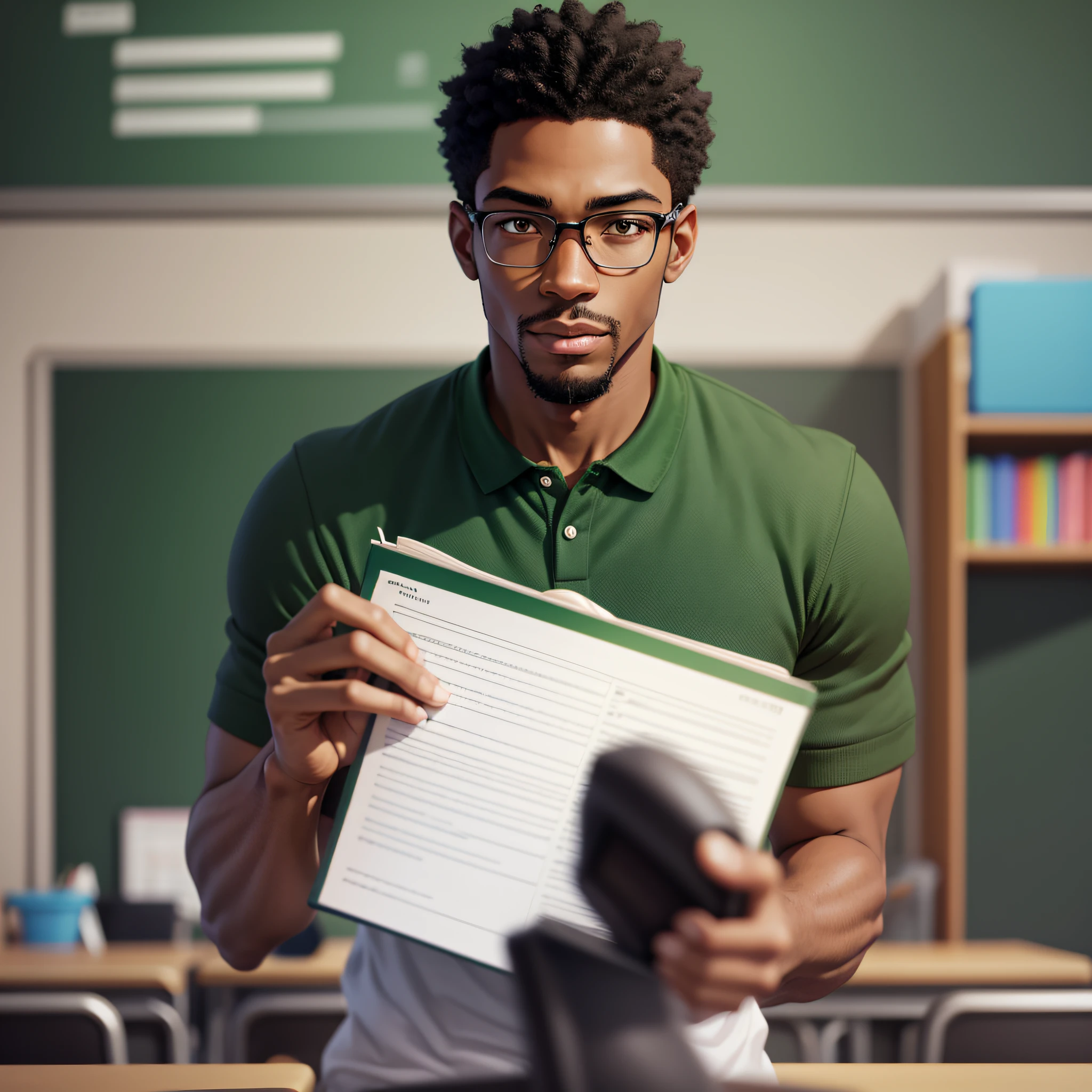 Animation ok, character is a black man, thin, short hair, is a teacher, behind him has a green background. --auto --s2