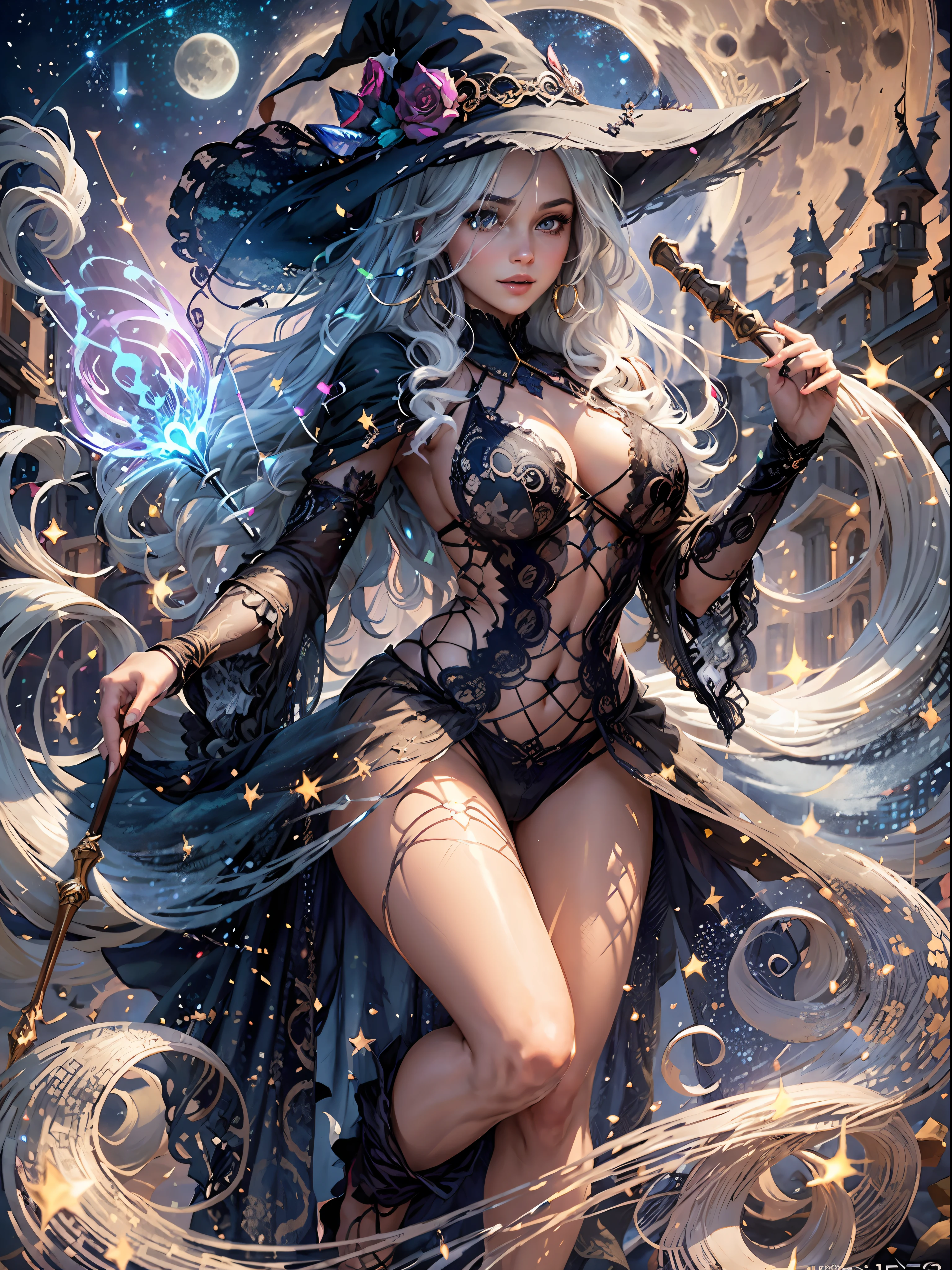 masterpiece, best quality, (extremely detailed CG unity 8k wallpaper), (best quality), (best illustration), (best shadow),full body,tall body, perfect female anatomy, seductive body, detailed face, detailed eyes, smiling, beautiful face, The image depicts a stunning witch riding on her broomstick through the night sky, a trail of sparkling stardust trailing in her wake. Her hair is long and flowing, a deep shade of black that seems to dance in the wind as she speeds through the air. Her skin is a pale, creamy white, illuminated by the light of the moon and the stars that twinkle above her.
As she rides her broomstick, a look of pure joy and exhilaration spreads across her face, and her eyes shine with a mischievous glint. Her clothing is a mix of dark, rich fabrics, with a long coat that flutters behind her in the wind, revealing glimpses of the intricate designs on her dress.
Behind her, the starry night sky stretches out in all directions, a tapestry of twinkling lights that seem to go on forever. The moon hangs low in the sky, casting a soft glow on the world below. Shimmering auras of magical energy swirl around the witch and her broomstick, casting a vibrant, pulsing light that illuminates the entire scene.
Despite her mystical powers and enchanting beauty, there is a sense of danger and unpredictability about the witch, a feeling that she is not to be trifled with. She is a force to be reckoned with, a master of the arcane arts who commands the very elements of the earth and sky.
As she races through the night, her broomstick cutting a path through the stars, she seems to embody all that is mysterious and alluring about the world of magic. Her image will forever remain etched in the minds of all who witness it, a symbol of the raw power and beauty of the unknown.