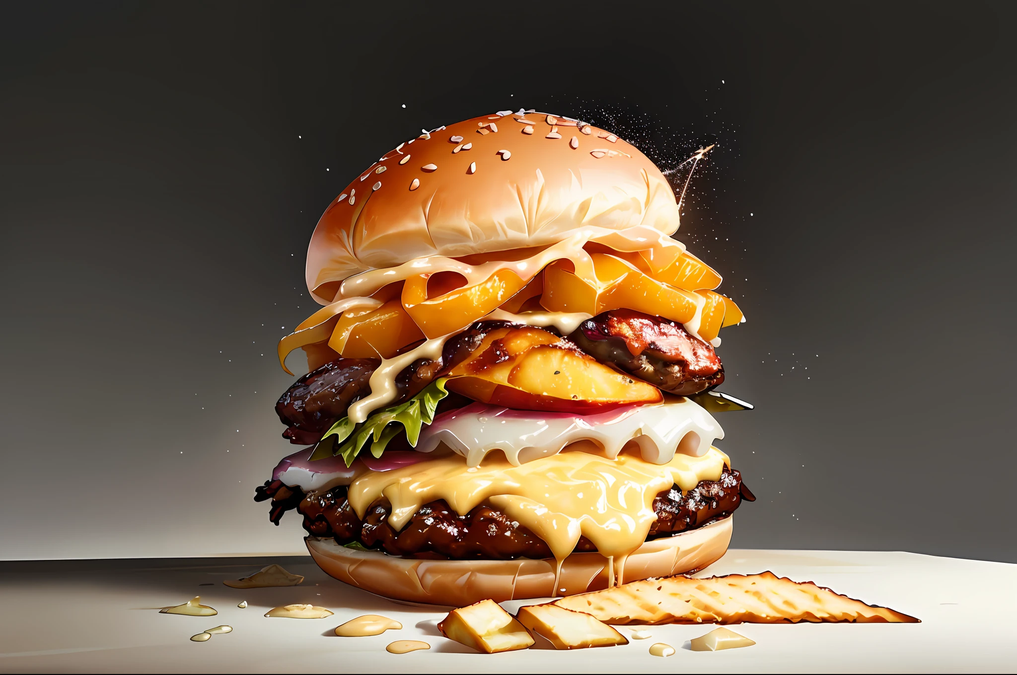 masterpiece, best quality, photo of the burger,Commercial photography by (baked bread with chicken, cheese and mayonnaise and a glass of coke with ice cubes and a portion of fried potato), studio light, hyper-detailed, isolated black background, professional color grading, white lighting