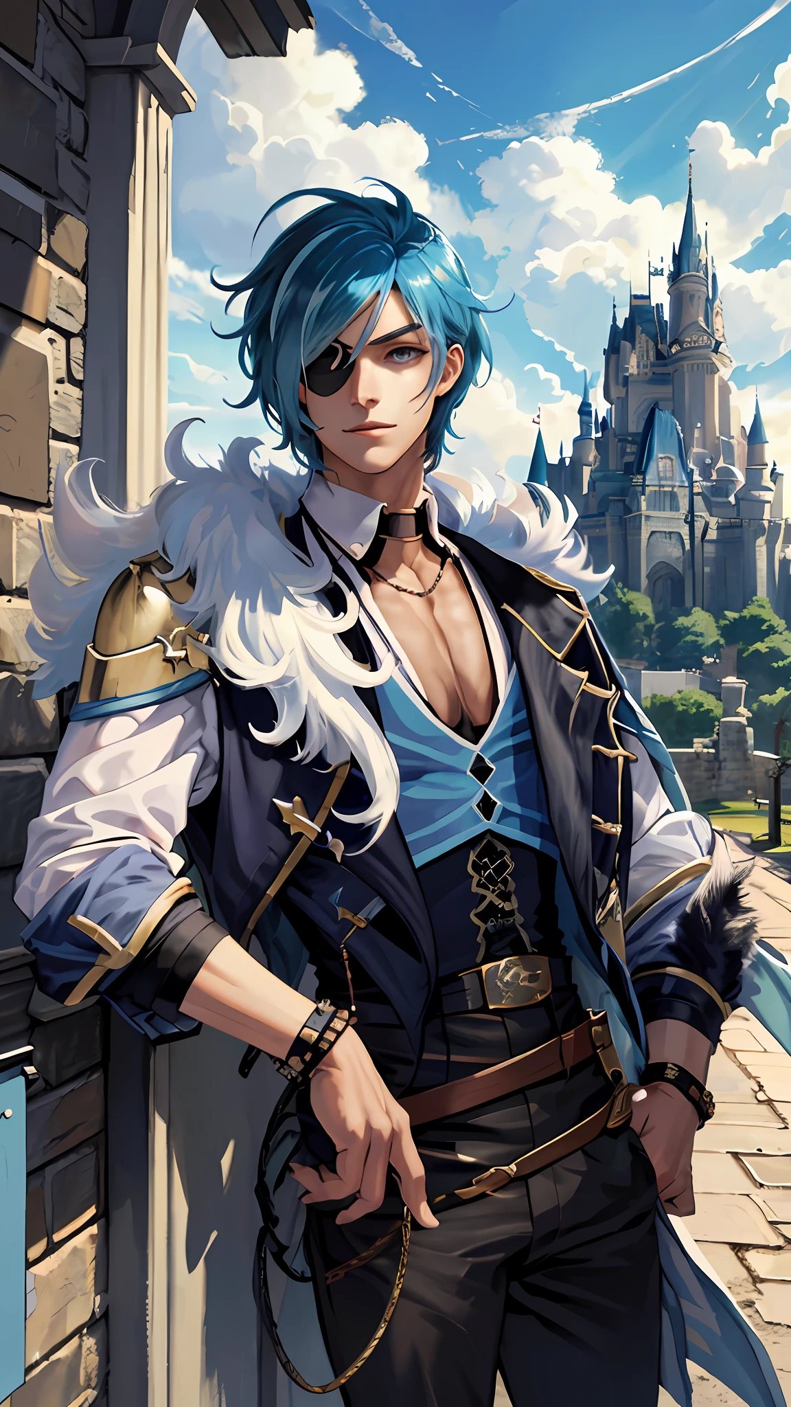 (masterpiece), (best quality), (ultra detailed),(disheveled hair),(illustration), (1male), blue hair, eyepatch on right eye, outside in front of the castle walls, castle tower