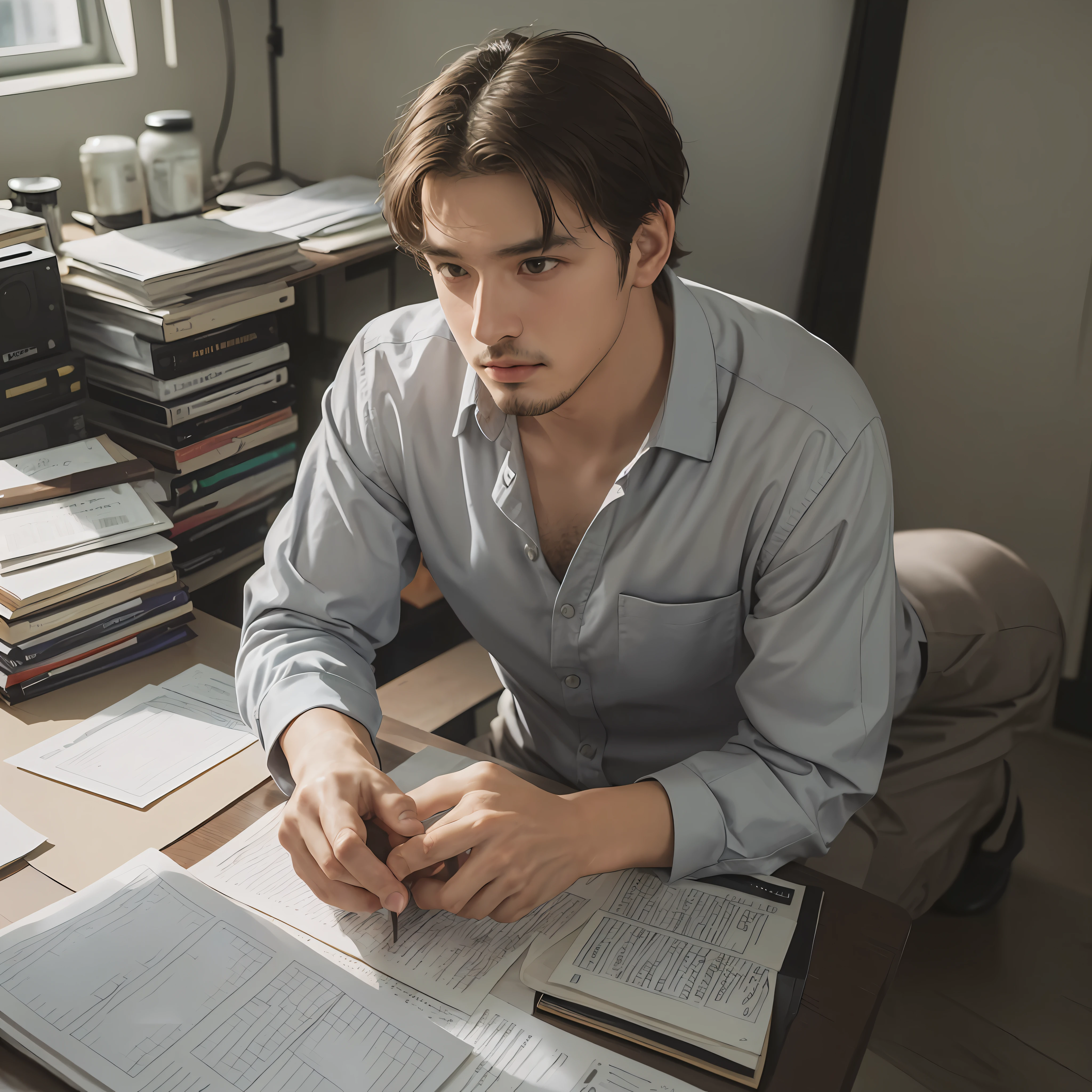 photo of (Man), RAW, man of average beauty, (short hair, gray brown, straight/wavy), in office, leaning against desk, social clothing, unbuttoned shirt, (full body :1.3), (masterpiece) (perfect aspect ratio)(realistic photo)(best quality) (detailed) (8k) (HDR) (wallpaper) (cinematic lighting) (sharp focus) (intricate) --auto --s2