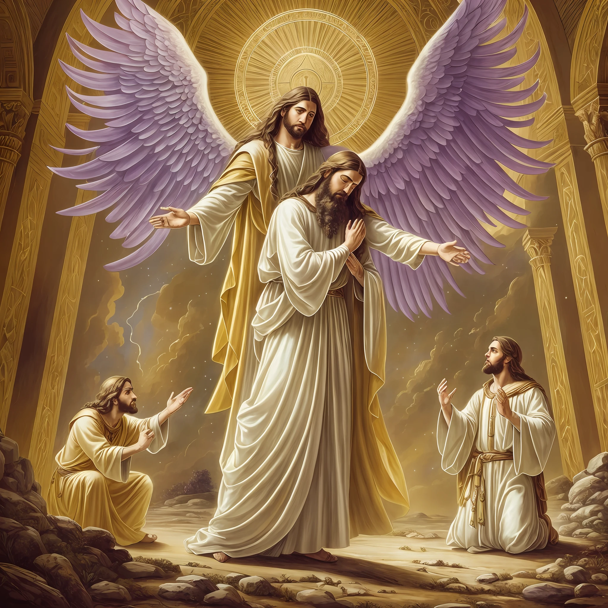 Imagine a high-quality biblical image depicting the invocation of the angels MEN Gadiel and Uriel, with the promise of blessings and abundant riches next month. The scene takes place in a celestial environment, where rays of golden and violet light shine brightly. In the center of the image, a person is on his knees, with his hands extended upwards, in a posture of invocation and worship. To the right of the person, the angel Gadiel, with wide wings and an aura of divine energy, --auto --s2