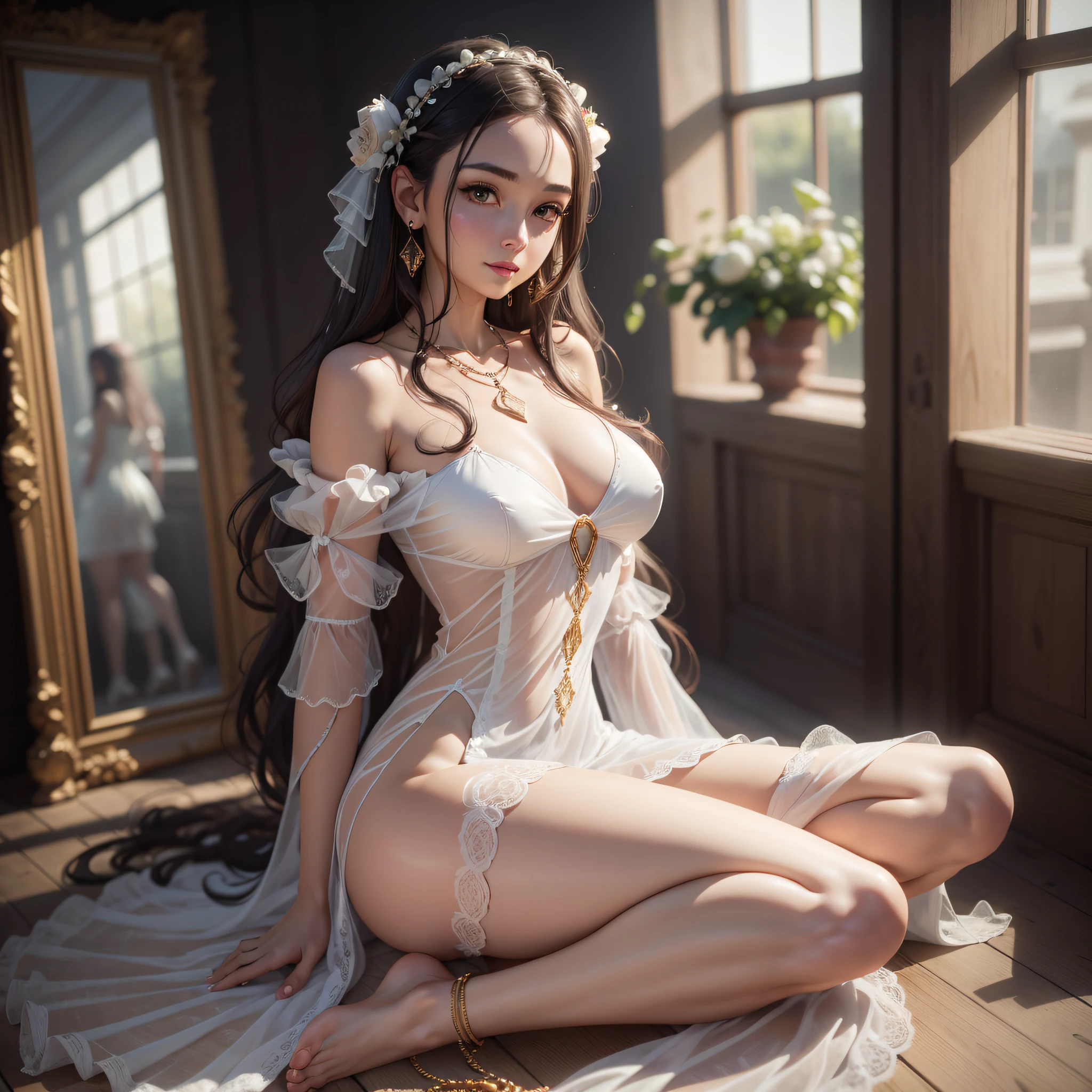 Best quality, masterpiece, high resolution, 1girl, full body, white transparent silk porcelain dress, translucent, no underwear, muscular plumpness, beautiful face, hair accessories, looking at the audience, smiling, closing your mouth, lips, dress, hair accessories, necklaces, jewelry, long hair, earrings, beautiful face, on the body, Tyndall effect, realism, dark studio, edge lighting, two-tone lighting, (high detail skin: 1.2), 8k uhd, DSLR camera, soft light, high quality, Volumetric lighting, sneak peek, photo, high resolution, 4k, 8k, bokeh