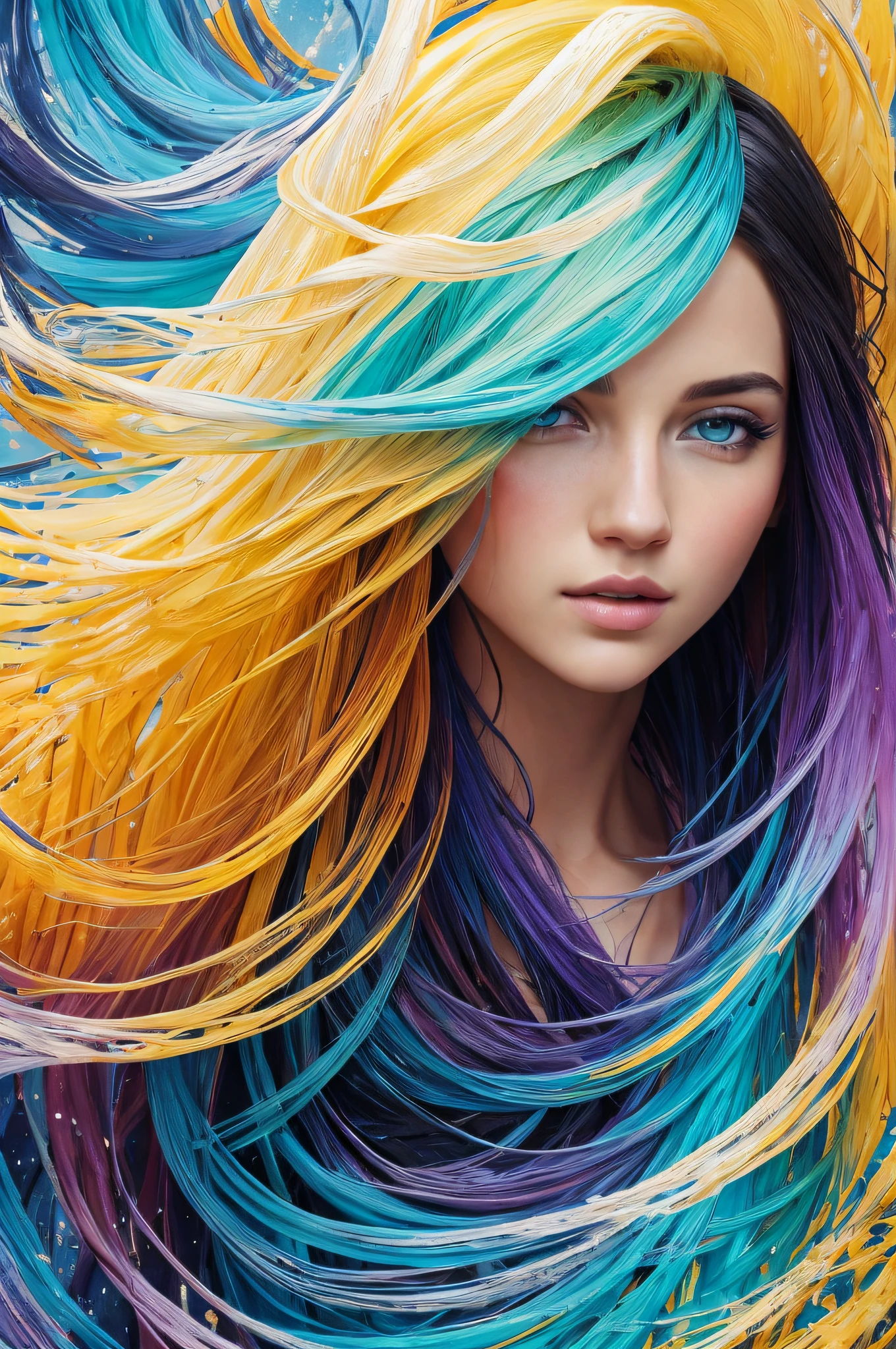 Colorful beautiful girl: a giru 18-years old, messy hair, oil painting, nice perfect face with soft skinice perfect face, blue yellow colors, light purple and violet additions, light red additions, intricate detail, splash screen, 8k resolution, masterpiece, cute face,artstation digital painting smooth veryBlack ink flow: 8k resolution photorealistic masterpiece: intricately detailed fluid gouache painting: by Jean Baptiste Mongue: calligraphy: acrylic: watercolor art, professional photography, natural lighting, volumetric lighting maximalist photoillustration: by marton bobzert:, complex, elegant, expansive, fantastical,  wavy hair, vibrant, Best quality details, realistic, High definition, High quality texture, epic lighting, Cinematic film still, 8k, soft lighting, anime style, masterful playing card border, random Colorful art, oil painting, blue yellow colors, light purple and violet additions, light red additions, intricate detail, splash screen, 8k resolution, masterpiece, artstation digital painting smooth veryBlack ink flow: 8k resolution photorealistic masterpiece: intricately detailed fluid gouache painting: by Jean Baptiste Mongue: calligraphy: acrylic: watercolor art, professional photography, natural lighting, volumetric lighting maximalist photoillustration: by marton bobzert:, complex, elegant, expansive, fantastical,  vibrant