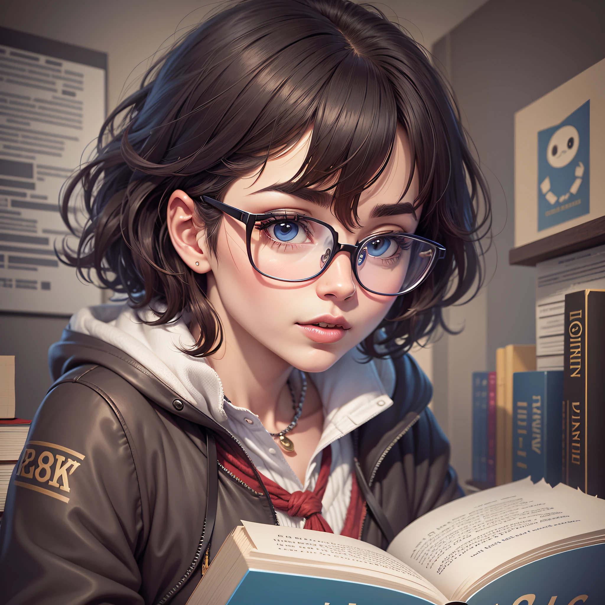 8k animation, character is a book with mouth and eyes, wears glasses, looks smart