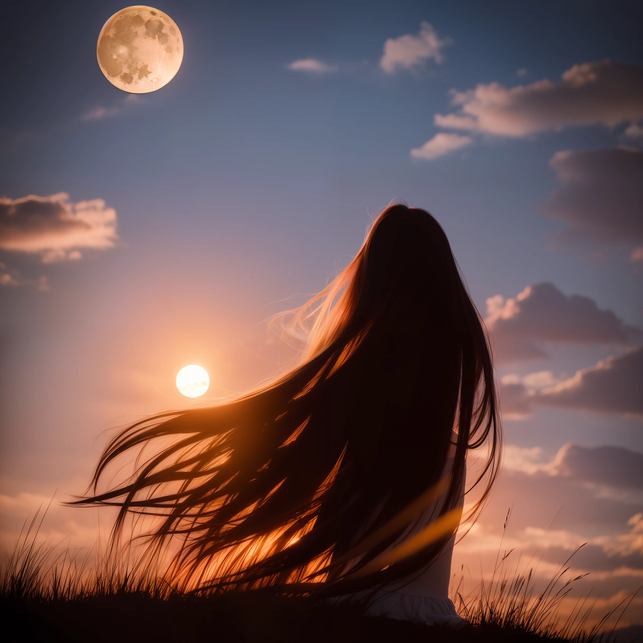 masterpiece, top quality, night, hill, clouds, full moon, long hair, woman, silhouette, firefly.