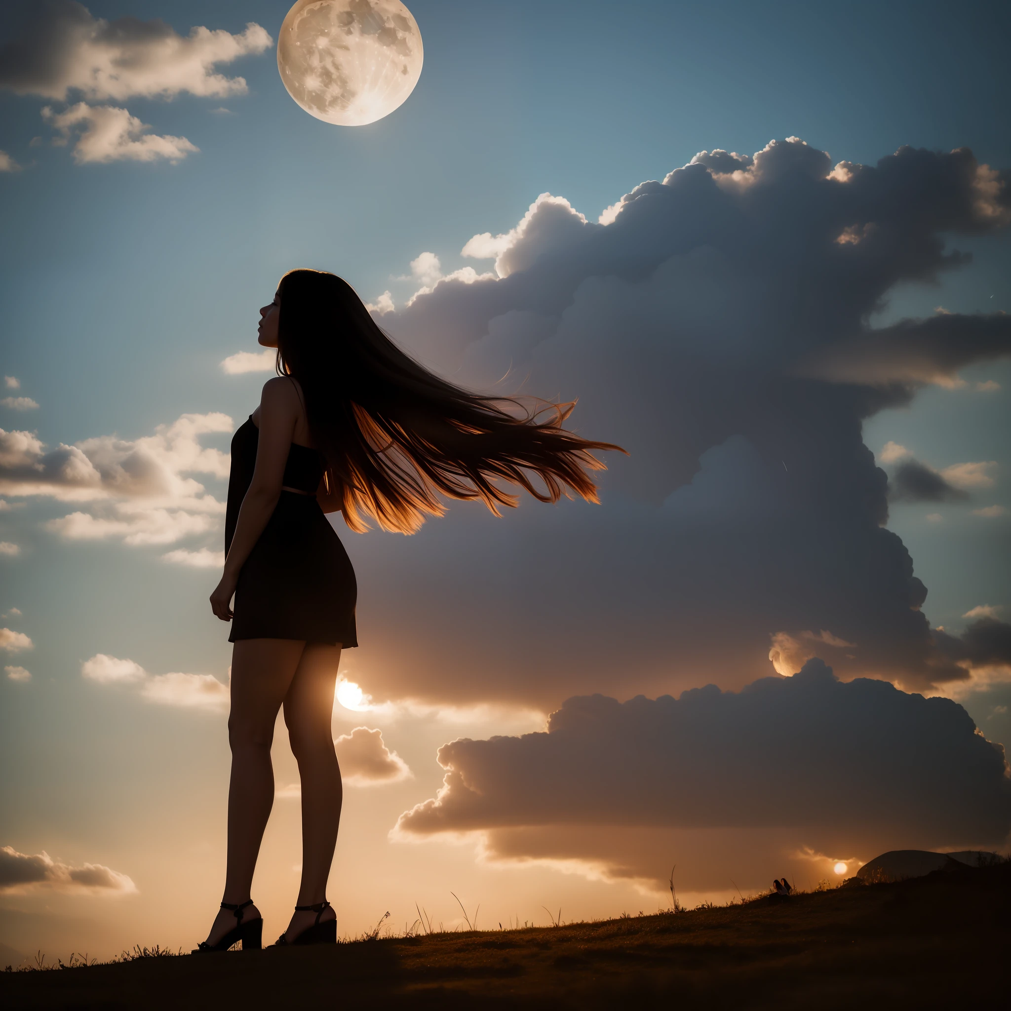 masterpiece, top quality, night, hill, clouds, full moon, long hair, woman, silhouette, firefly.