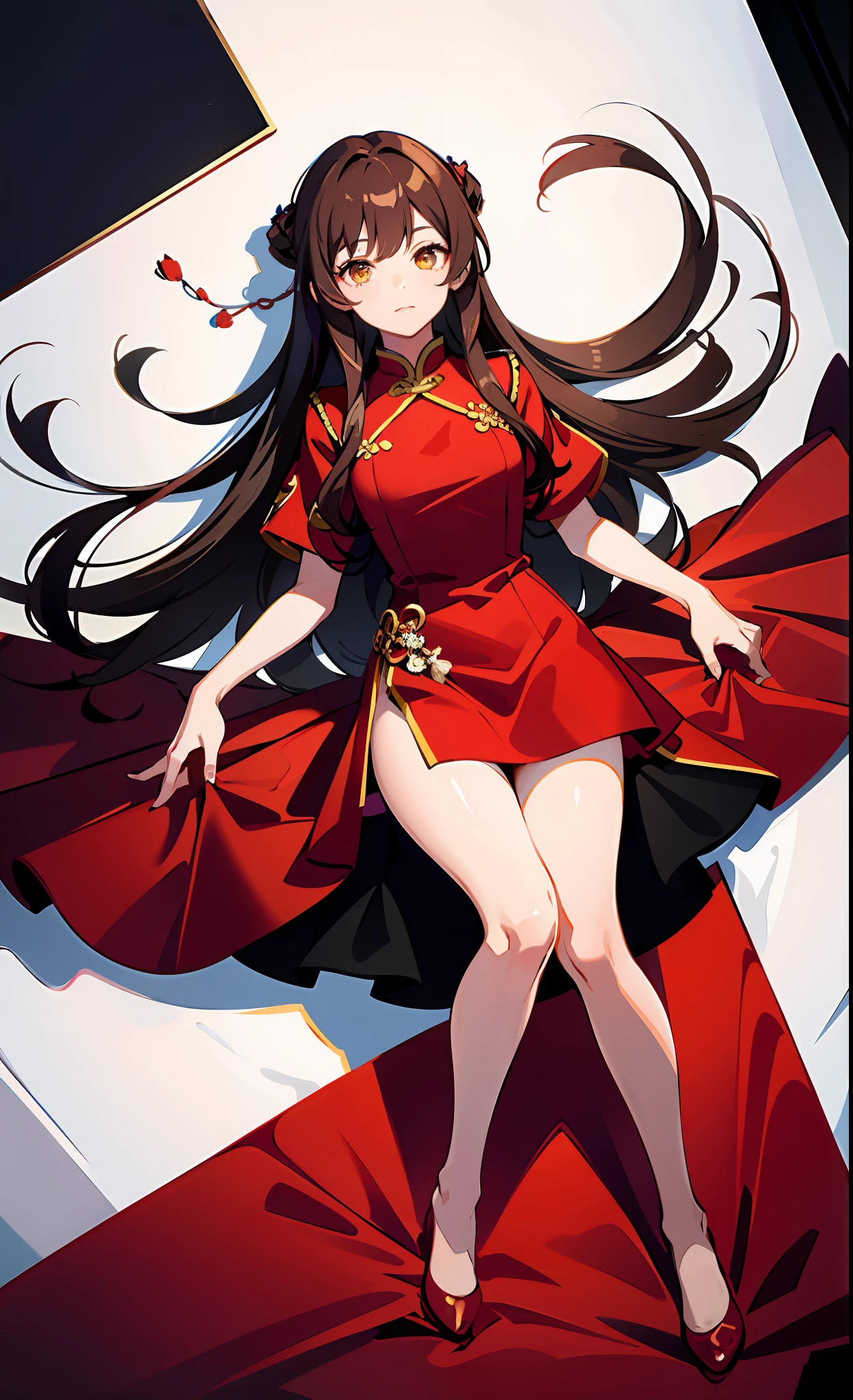 absurd res, high res, (masterpiece:1.4), ultra-detailed, 1girl, from above, space, floating, red Chinese dress, red dress, black stockings, light brown hair, yellow eyes, hands out of frame