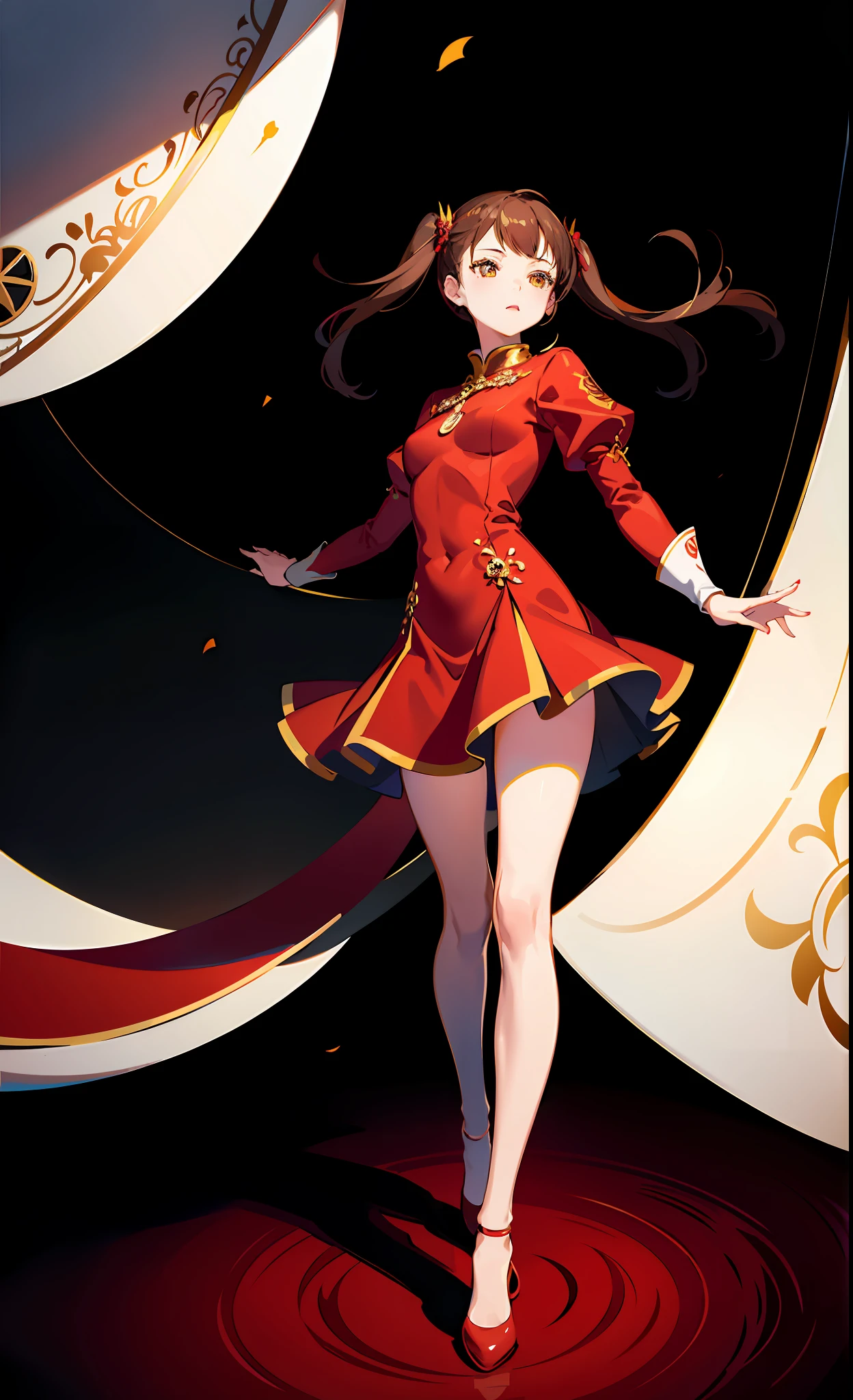 absurd res, high res, (masterpiece:1.4), ultra-detailed, 1girl, from above, space, floating, red Chinese dress, red dress, black stockings, light brown hair, yellow eyes, hands out of frame