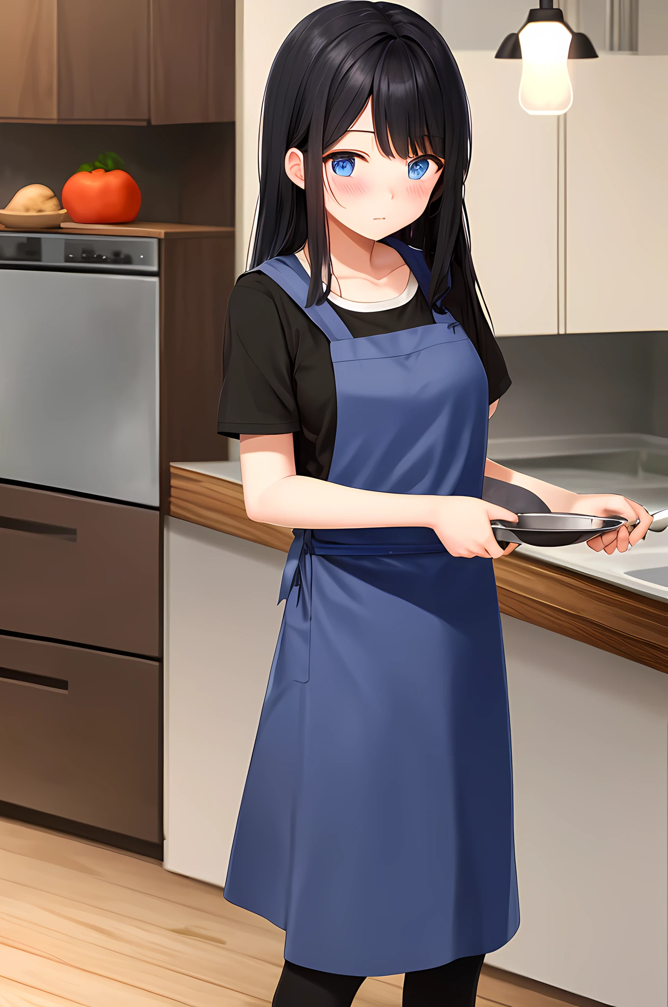 1girl, black hair, apron, blushing, blue eyes, full body, standing, long hair, expressionless, cooking