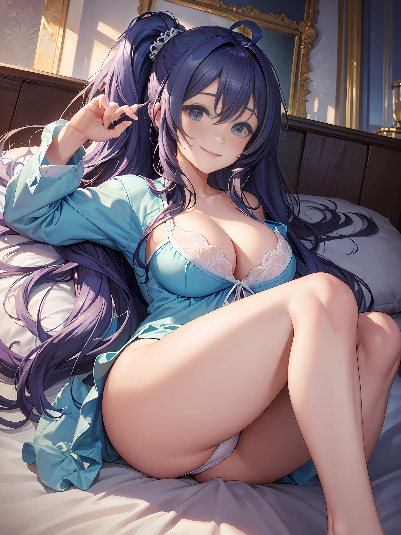 Masterpiece, Best Quality, Official Art, (Highly Detailed CG Unity 8k wallpaper), Detailed background, (Hands by Guido Daniele: 1.1), Feet out of frame, First Person View, 1, Beautiful woman who is attractive and perfect, Lying face down on the bed, Turning away, (Curvaceous), (((Sleepy: 1.14))), (Sticking out your butt)))), (Pajamas, sleepwear, underwear, white thighs: 1.12 (Blue Long Hair: 1.12), (Ahoge: 1.13), (High Ponytail: 1.12), (Green Eyes: 1.13), Look at the Beholder, Big, (cleavage), Beautiful Face, (Blush: 1.11), (Smile: 1.11)