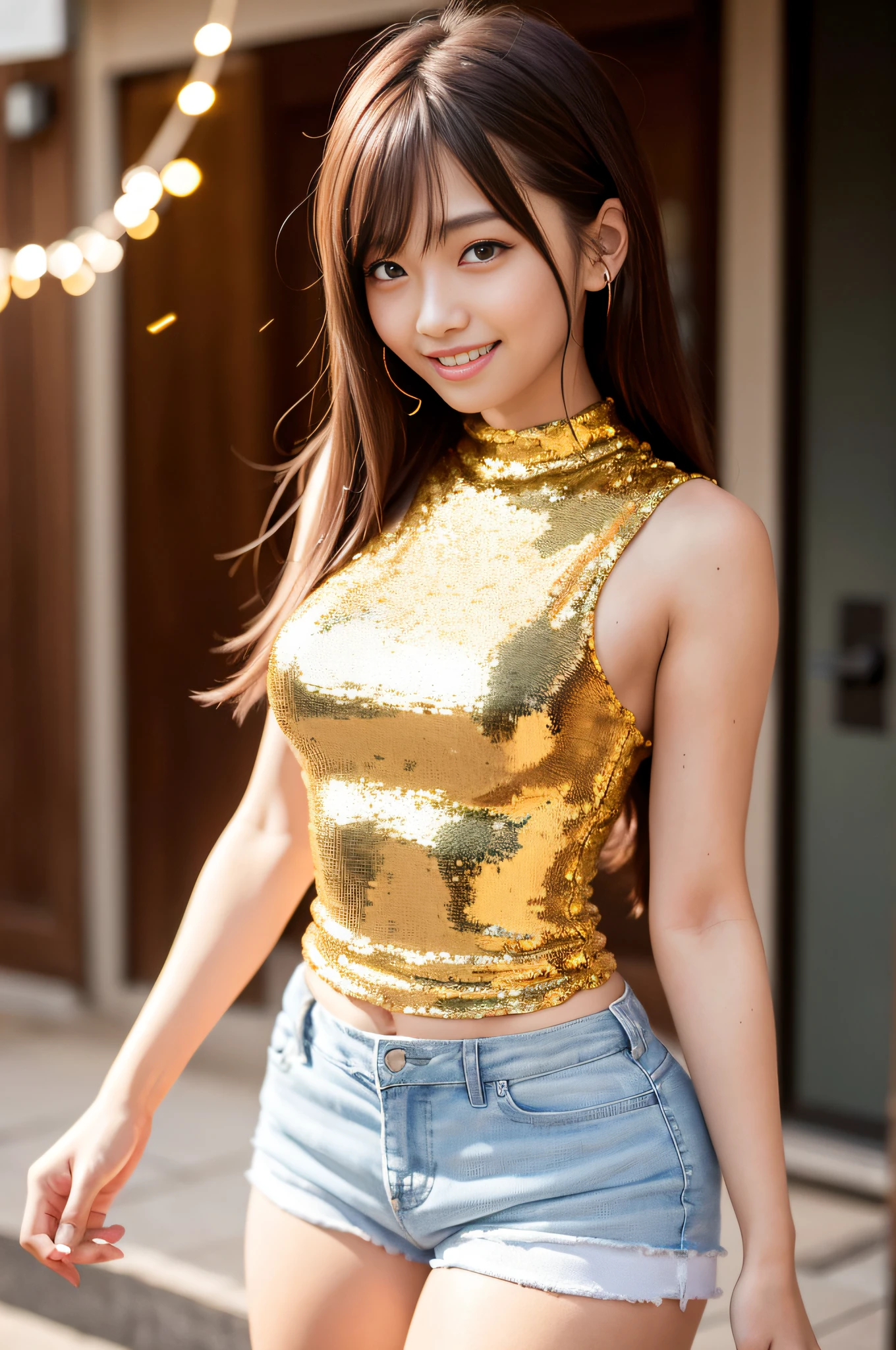 ulzzang-6500, (original: 1.2), (realistic: 1.3) (mixed Korean), beautiful girl with beautiful details, extremely detailed eyes and face, eyes with beautiful details, absurd, incredibly absurd, huge file size, ultra detail, high resolution, ultra detailed, best quality, masterpiece, illustration, ultra detailed and beautiful, ultra detailed, CG, unity, 8k wallpaper, amazing, fine Detail, masterpiece, top quality, official art, extremely detailed CG unity 8k wallpaper, cinematic lighting, (perfect shiny skin:0.6), (light skin:1.2),brown hair, slim and smooth lines, (shiny streamers sequins tops:1.5), (white color skinny High-waisted shorts:1.5), cafe, blushing, ashamed, brown hair, wet, standing, happy, (smile:1.3), front view, sweating, holding , holding front, untied, light blue eyes, put hands between legs