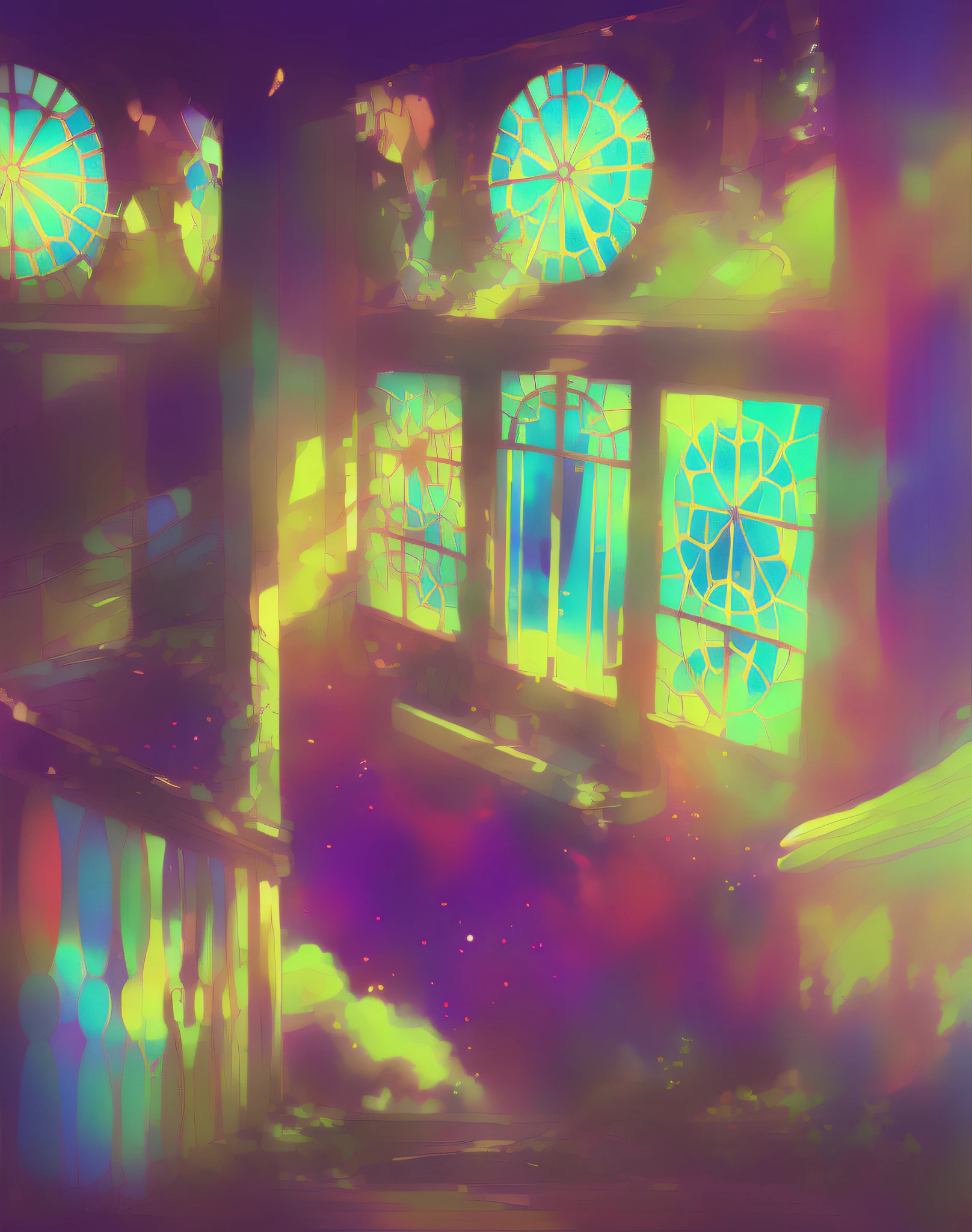 there is a picture of a house with a stained glass window, studio ghibli sunlight, anime background art, beautiful anime scene, relaxing concept art, dreamy psychedelic anime, style of madhouse studio anime, colorful anime movie background, anime scenery concept art, loish art style, anime beautiful peace scene, bedroom in studio ghibli, today's featured anime still, with glowing windows