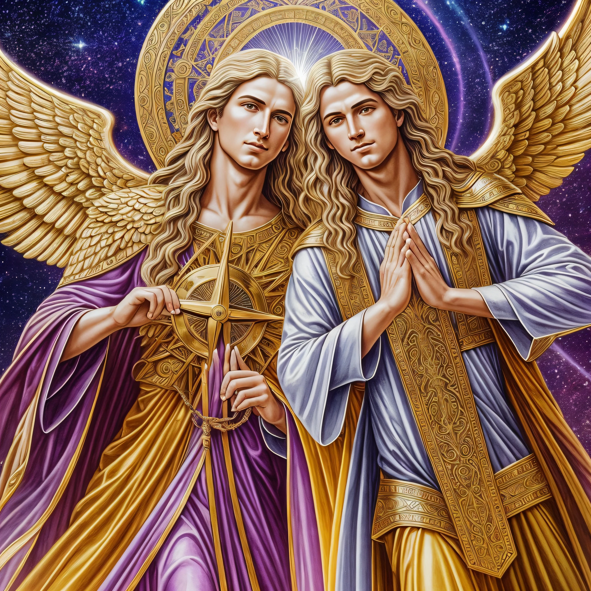Imagine a high-quality biblical image depicting the invocation of the angels MEN Gadiel and Uriel, with the promise of blessings and abundant riches next month. The scene takes place in a celestial environment, where rays of golden and violet light shine brightly. In the center of the image, a person is on his knees, with his hands extended upwards, in a posture of invocation and worship. To the right of the person, the angel Gadiel, with wide wings and an aura of divine energy, --auto --s2