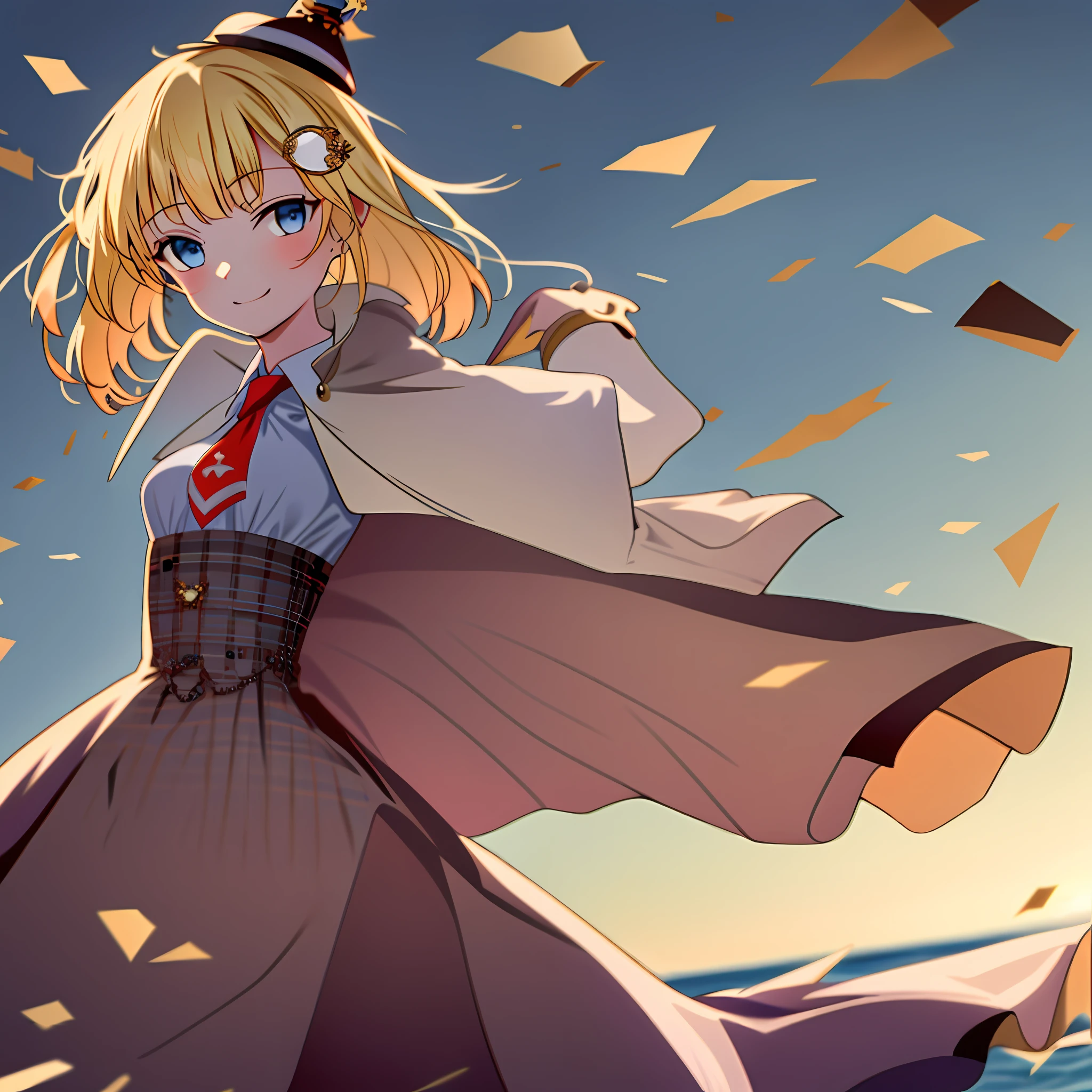 high quality, best quality, masterpiece, absurdres, watson amelia, detective, 1girl, solo, smile, blush