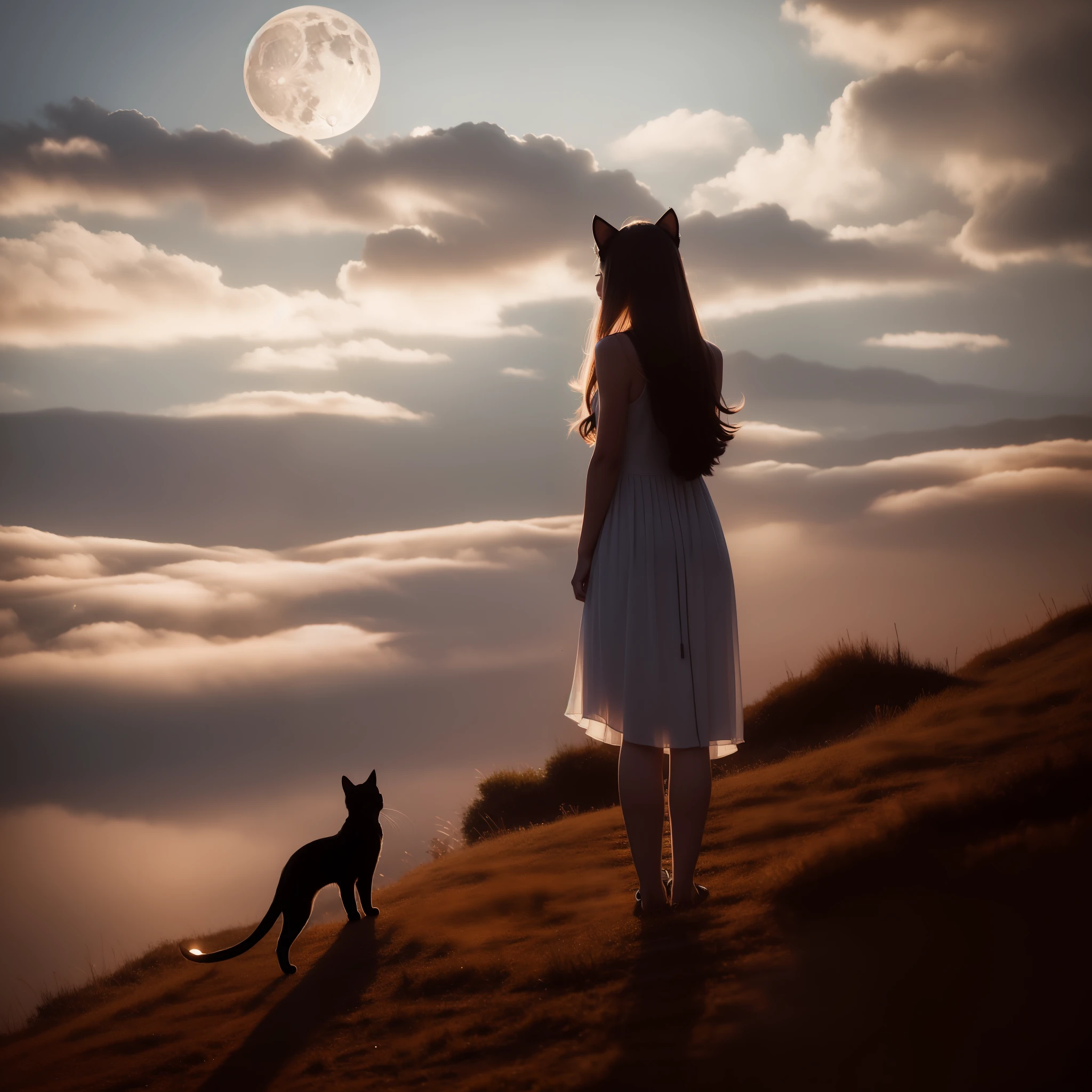 masterpiece, top quality, night, hill, clouds, full moon, long hair, woman, silhouette, firefly, cat ears