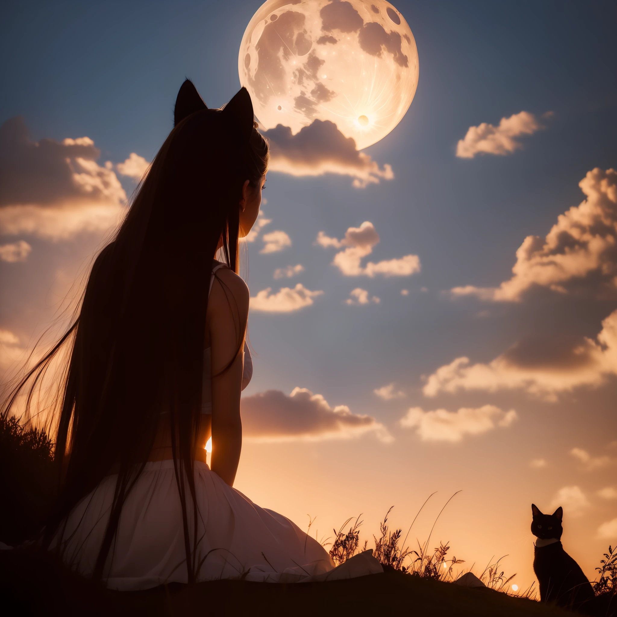 masterpiece, top quality, night, hill, clouds, full moon, long hair, woman, silhouette, firefly, cat ears