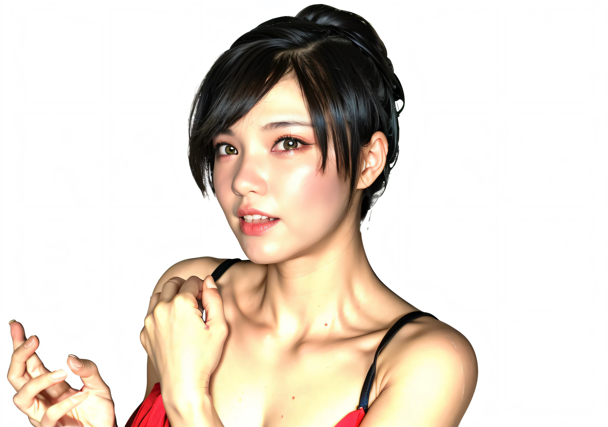 Top quality, ultra high resolution, (photorealistic: 1.4), cinematic lighting, long hair, bangs, upper body, bright smile, twin tails, detailed dress,