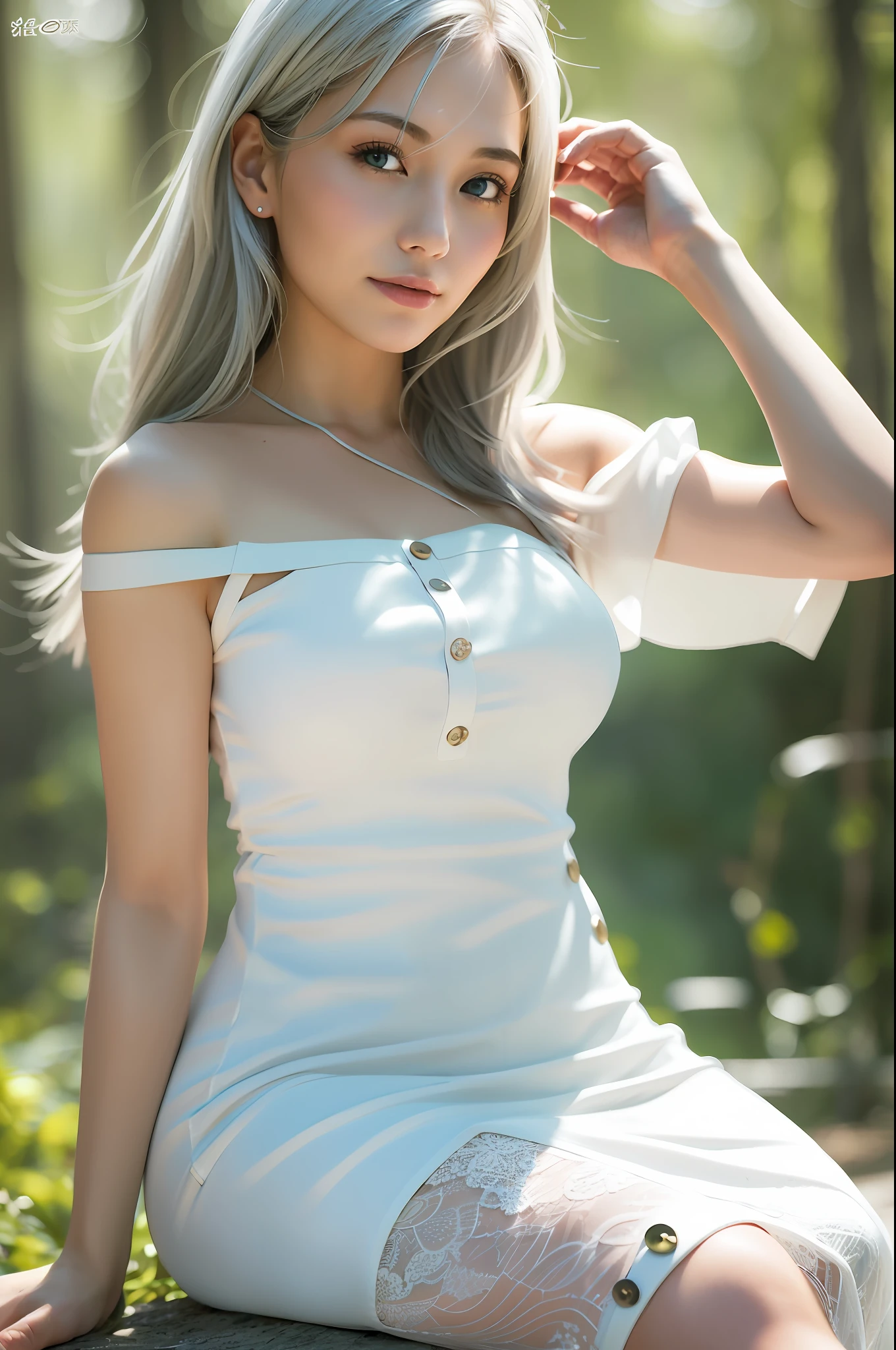 (Silverhair: 1.8), Break (Bob: 1.8), Masterpiece, Ultra High Resolution, Viewer's Show, Physically Based Rendering, (Morning Glory: 1.5), (Natural Light: 2.0), Depth of Field, (Photo Portrait | Sony a7|135mm Lens|f2:1.0), (Lens Flare | Soft Focus: 1.5), Best Quality, Ultra High Resolution, (Photoreal: 1.5), (Full Body: 1.5), (Smile) :1.2), (impressionism, loose brushwork, fleeting light, evocative mood: 1.5), (soft colors, atmospheric depth, hazy edges, visual poetry: 1.5), (gentle and soft attitude: 1.5), (beautiful woman in deep forest nature: 1.5), (one girl: 1.5), (solo girl: 1.3), (solo woman: 1.3), (solo woman: 1.3), ( Tall person:1.2), (Detailed beautiful face:2.0), (Beautiful face:1.7), (Detailed beautiful eyes:2.0), (drooping eyes:1.5),(Gentle gaze:1.5), Break (Big blue eyes:1.1), Break (Pupil dilatation:1.3), [Focus adjustment eyes:1.5], (To have a clear nose:1.3), (Mouth closed:1.5), (Fine hair:1.5), (Slender body :1.1), (Slim Body:1.7), (Slender Shoulder:1.5), (Sloping Shoulder:1.5), (Under Bust:1.7), (Big:1.8), (Firm:1.8), (Thin Arm:1.5), (Thin Leg:1.5) Break (Only 1 person in the photo:1.5),Break (White Dress:1.8), (Button Dress:1.8),