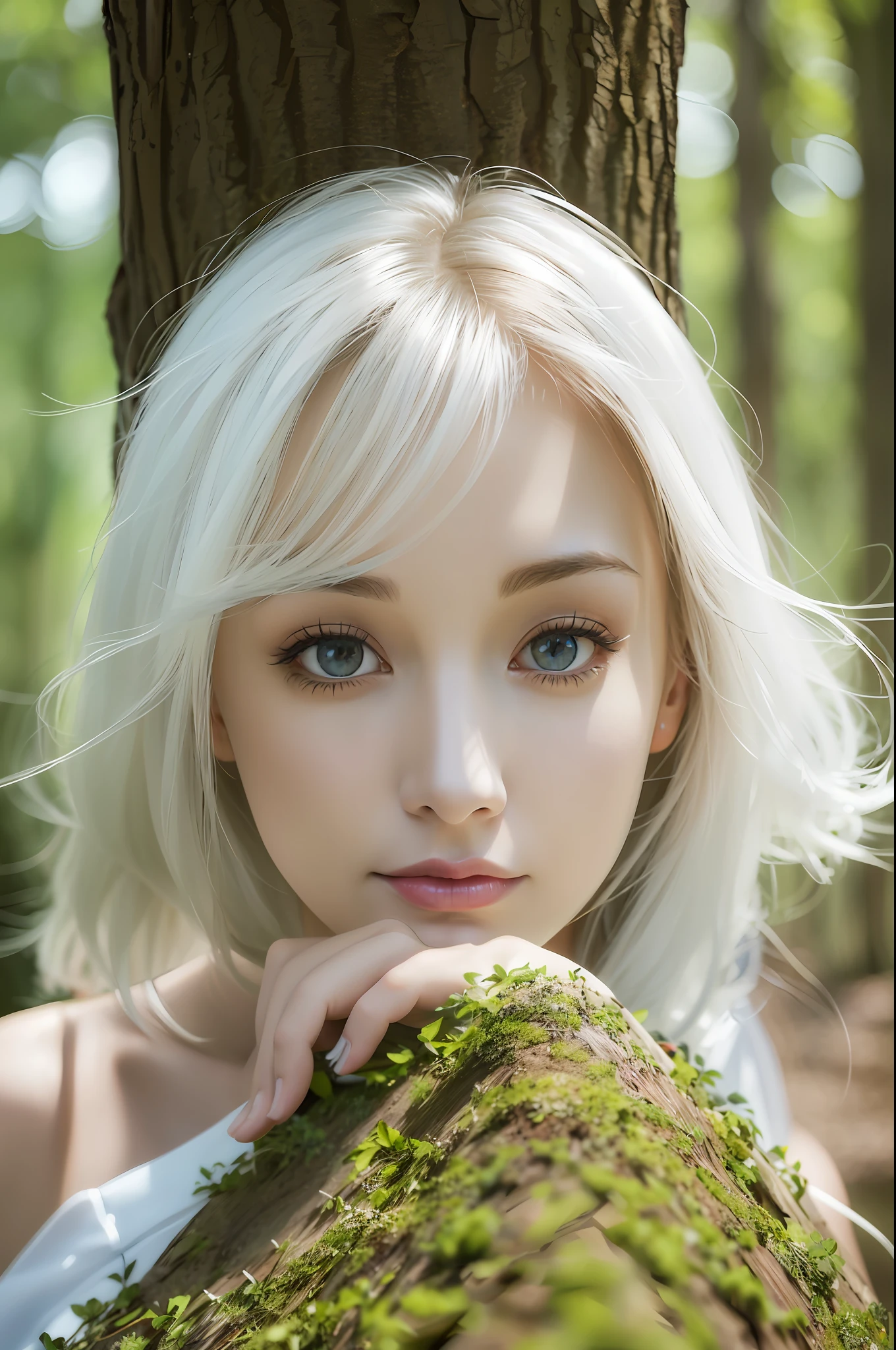 (Silverhair: 1.8), Break (Bob: 1.8), Masterpiece, Ultra High Resolution, Viewer's Show, Physically Based Rendering, (Morning Glory: 1.5), (Natural Light: 2.0), Depth of Field, (Photo Portrait | Sony a7|135mm Lens|f2:1.0), (Lens Flare | Soft Focus: 1.5), Best Quality, Ultra High Resolution, (Photoreal: 1.5), (Full Body: 1.5), (Smile) :1.2), (impressionism, loose brushwork, fleeting light, evocative mood: 1.5), (soft colors, atmospheric depth, hazy edges, visual poetry: 1.5), (gentle and soft attitude: 1.5), (beautiful woman in deep forest nature: 1.5), (one girl: 1.5), (solo girl: 1.3), (solo woman: 1.3), (solo woman: 1.3), ( Tall person:1.2), (Detailed beautiful face:2.0), (Beautiful face:1.7), (Detailed beautiful eyes:2.0), (drooping eyes:1.5),(Gentle gaze:1.5), Break (Big blue eyes:1.1), Break (Pupil dilatation:1.3), [Focus adjustment eyes:1.5], (To have a clear nose:1.3), (Mouth closed:1.5), (Fine hair:1.5), (Slender body :1.1), (Slim Body:1.7), (Slender Shoulder:1.5), (Sloping Shoulder:1.5), (Under Bust:1.7), (Big:1.8), (Firm:1.8), (Thin Arm:1.5), (Thin Leg:1.5) Break (Only 1 person in the photo:1.5),Break (White Dress:1.8), (Button Dress:1.8),