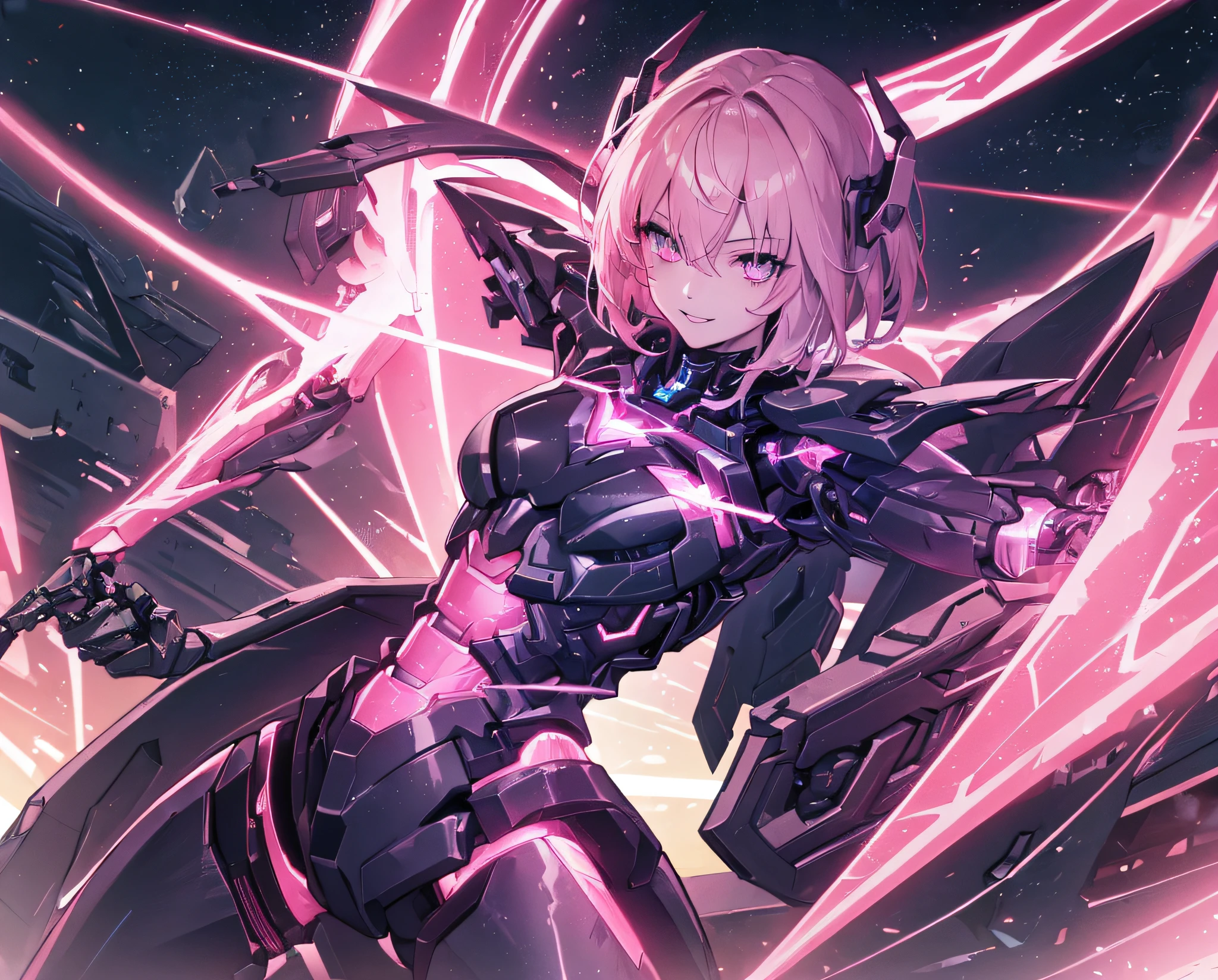 ((Night, limbs cyborg, top quality, 8k)), 1 girl, slender style, abs: 1.1, night city, combat, mechanical, slander, crazy smile, pink shorthair