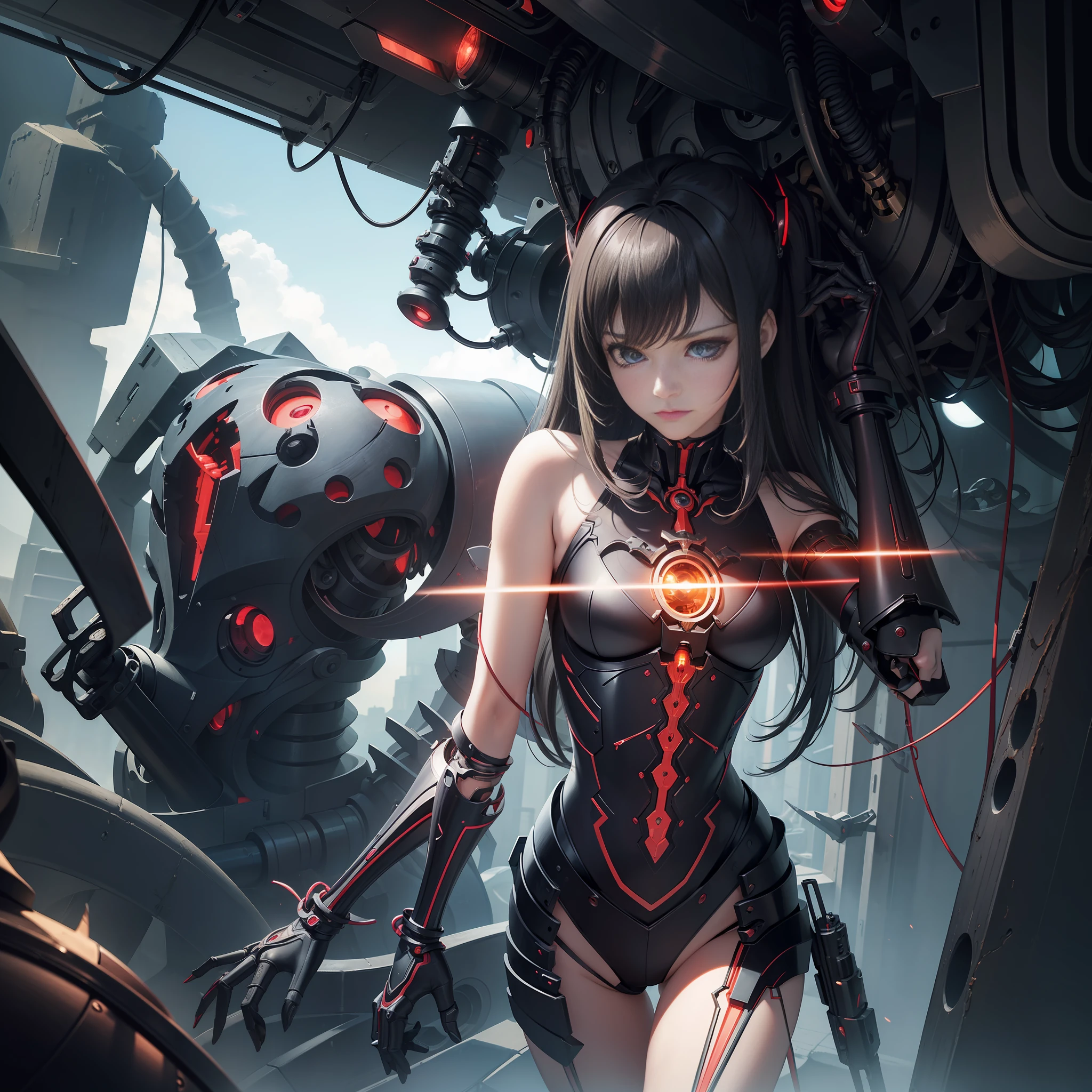 (masterpiece), top quality, super detail, CG illustration, (evil) beauty, cinematic light, female machine man (single), (mechanical joint: 1.4), mechanical limb, blood vessel attached to tube, mechanical spine attached to the back, mechanical cervical spine attached to the neck, expressionless, delirium of (girls), psychedelic.
