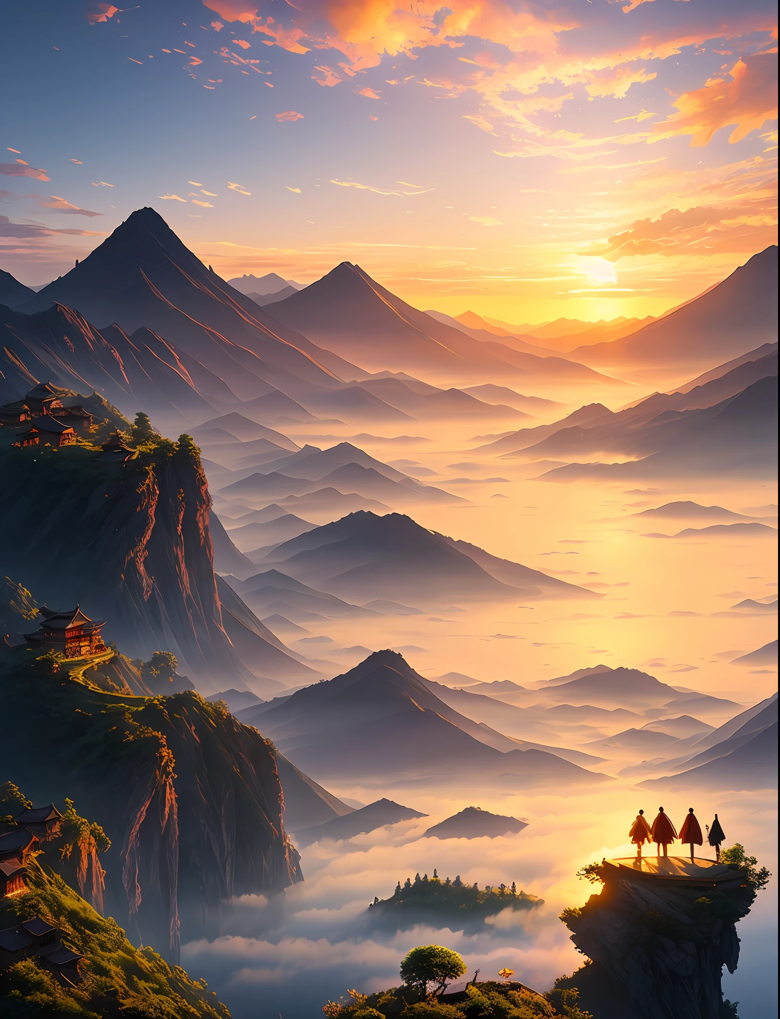 sunset, homestay, sea of clouds, mountains, dragons, magnificent, landscape, lake, china, fairy tale, light effects, dream, Greg rutkowski, artstation