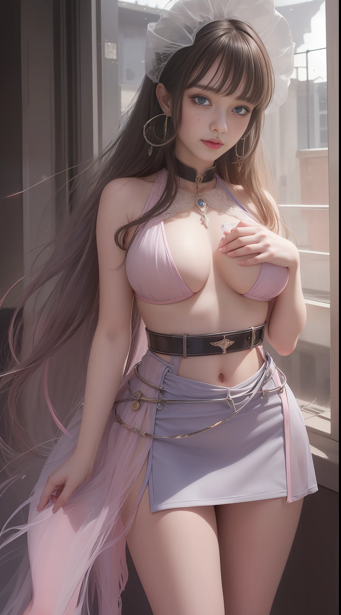 Master Painting, 8K Quality, Master Painting, 8K Quality, ((((Busty)))(((Pink Mole on Chest)))), Belt), Bare Waist, (Symmetrical Eyes), (Silver Dark V Dress)))((( (Open Chest)))((Against the Sky Long Legs))))) Long Legs, Short Skirt, Red High Heels (Perfect Symmetrical Body), Rainbow Color BREAK Factory's Super Long Lens, ((Natural Light)))((Centered, Viewed from the Front)), ((face and waist)))((( (Fishman line)))) super long shot of rainbow color BREAK factory, night, bangs, medium chest, (plump), slim, smile, [wide hips], center shot, viewed from the front, ((masterpiece, excellent)), (1girl), ((girly)), black curly hair (( (delicate makeup)))