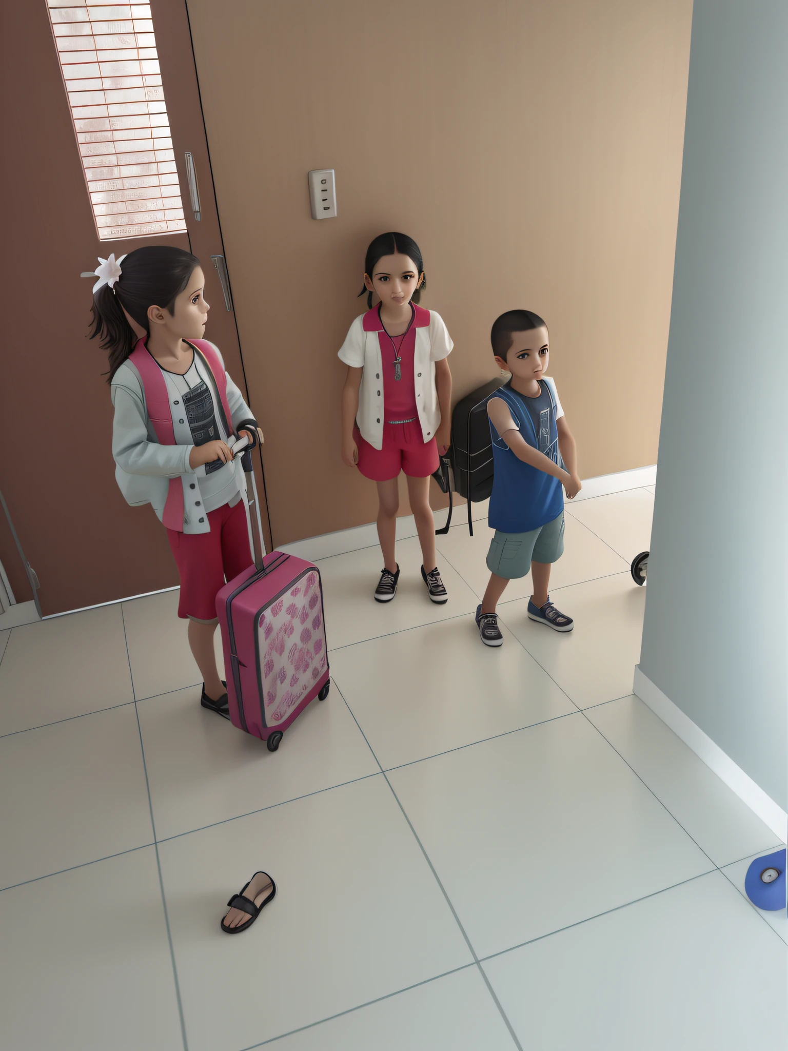 there are three children standing in a room with luggage, children playing, by Nándor Katona, by Milton Menasco, help me, photo, by Willian Murai, by Amelia Peláez, by Judith Gutierrez, by Verónica Ruiz de Velasco, realistic photo, GTA San Andreas style,