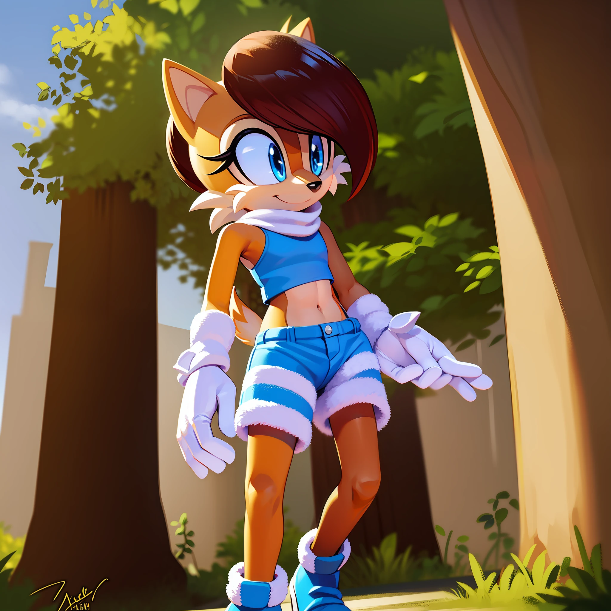 UHD, beautiful and detailed picture of Sally Acorn, {child, ???, very young: 1.4}, 1girl, solo, crop top, gloves, (short tail: 1.3), smile, blue eyes, blue footwear, animal ears, striped background, navel, full body, furry female, furry, midriff, striped, boots, standing, white gloves, orange fur, brown fur, (((no breasts, flat chest: 1.4))), closed mouth, sleeveless, short hair, animal nose, brown hair, signature, clenched hands, shorts, looking to the side, bare shoulders, bangs, orange hair, body fur, two-tone fur, sleeveless shirt, happy, stomach, artist name, white fur