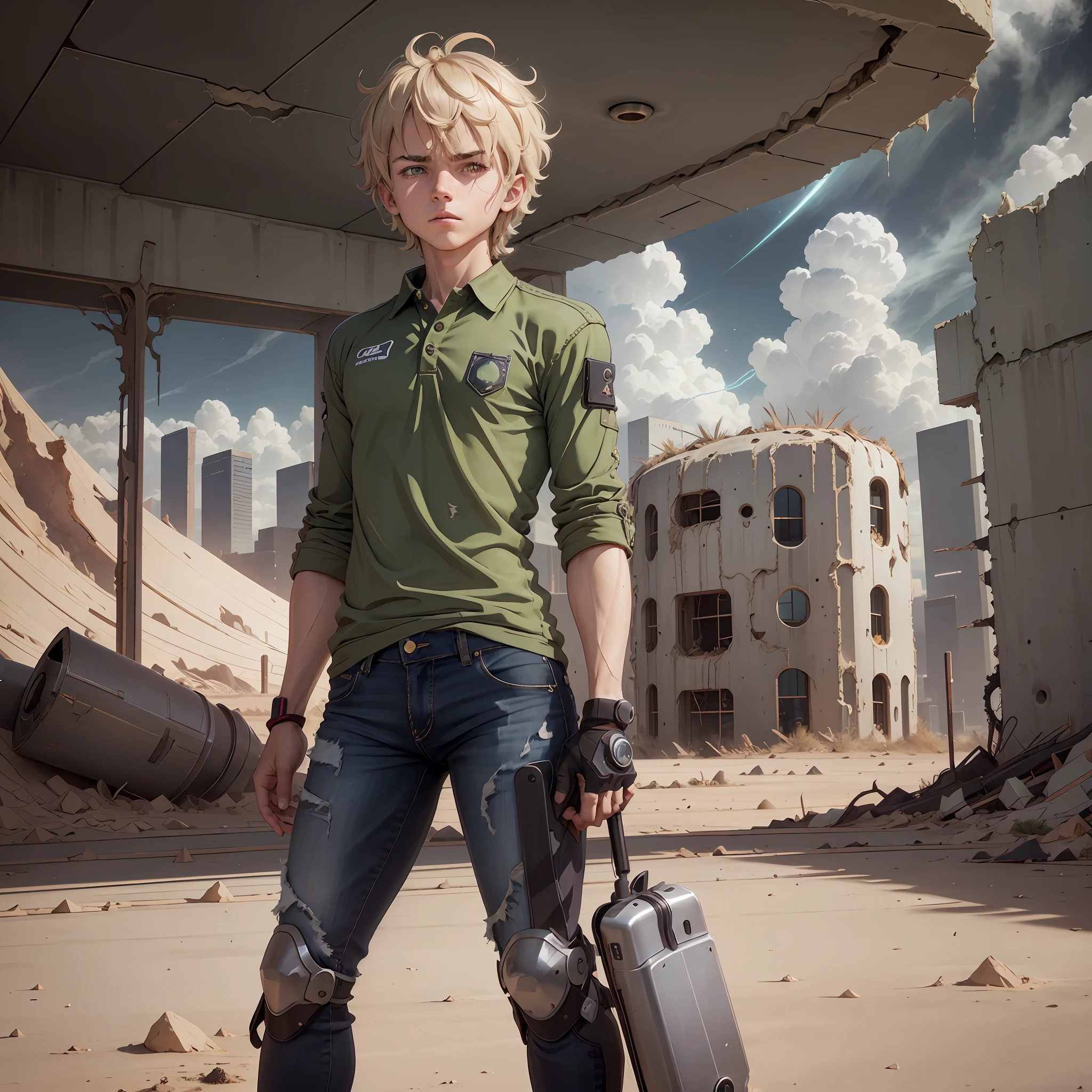 short teenage young boy wearing a polo shirt and denim jeans, wearing brass knuckles, ruffled hair, surrounded by magnetic field, inside a futuristic building, destruction in the background, huge hole in the wall, outside is the desert, green sky, sparse clouds, 1 person solo, whole body, focus on person, charging, glowing iris
