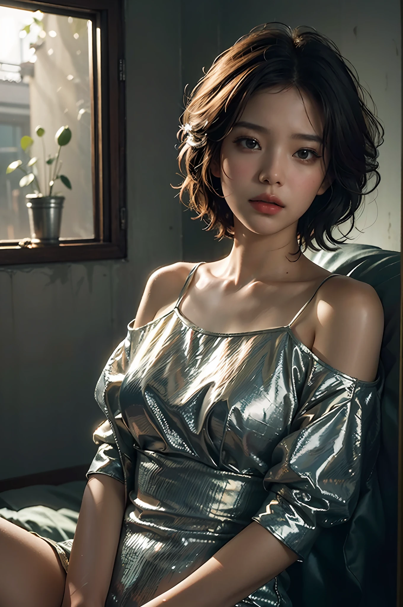 (photorealistic:1.4), official art, unity 8k wallpaper, ultra detailed,exquisitely detailed skin,(cinematic angle)(moody lighting)(film grain:1.2)cinematic lighting,beautiful and aesthetic, masterpiece,best quality, glowing skin,
(a bright summer day)
1girl, solo focus, wearing wavy short hair, bare shoulders, [flower|suspended Dress:1.3], hot summer, 1980s \(style\), taiwan,emotional,sentimental,