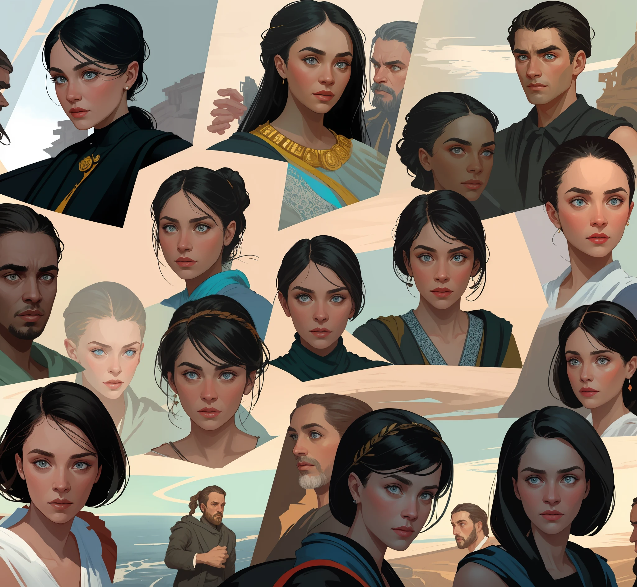 masterpiece, best quality, hyper detailed gouache portrait of a gorgeous woman speaking with other people, group conversation, character art portrait, detailed character portrait, epic scene illustration, graphic novel scene, dramatic tense scene