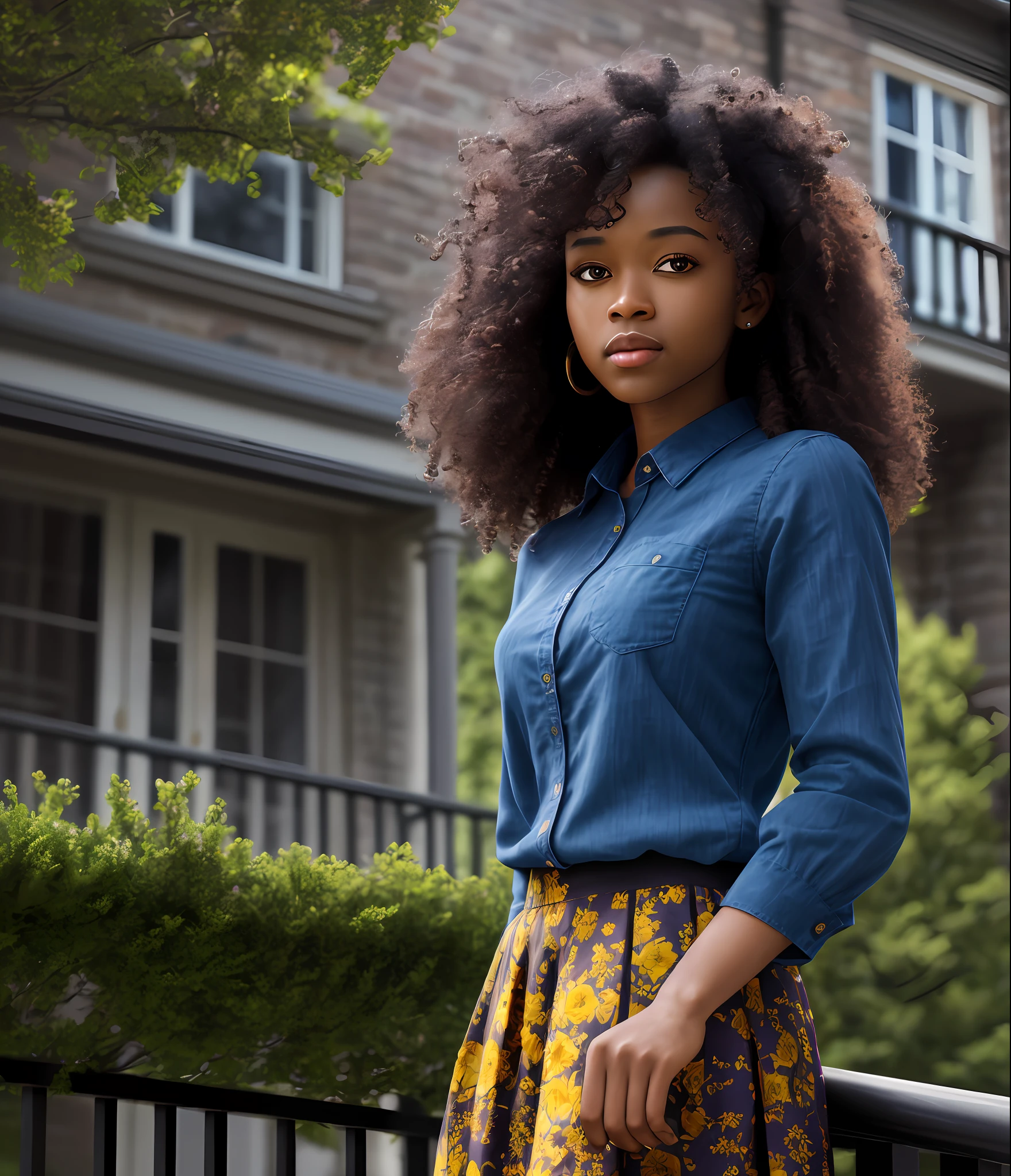 Ultra-realistic, 30 year old girl alone, 4k, professional photo, black girl, girl is on the balcony of a brown mansion, big curly hair, HDR, detailed face, medium body, yellow skirt with flower, (open blue shirt), Masterpiece, (lighting), (1solo), (1girl), detailed background, realistic background, realistic fabric, purple flower tree, detailed eye, detailed mouth, night sky, moonlight, lighting