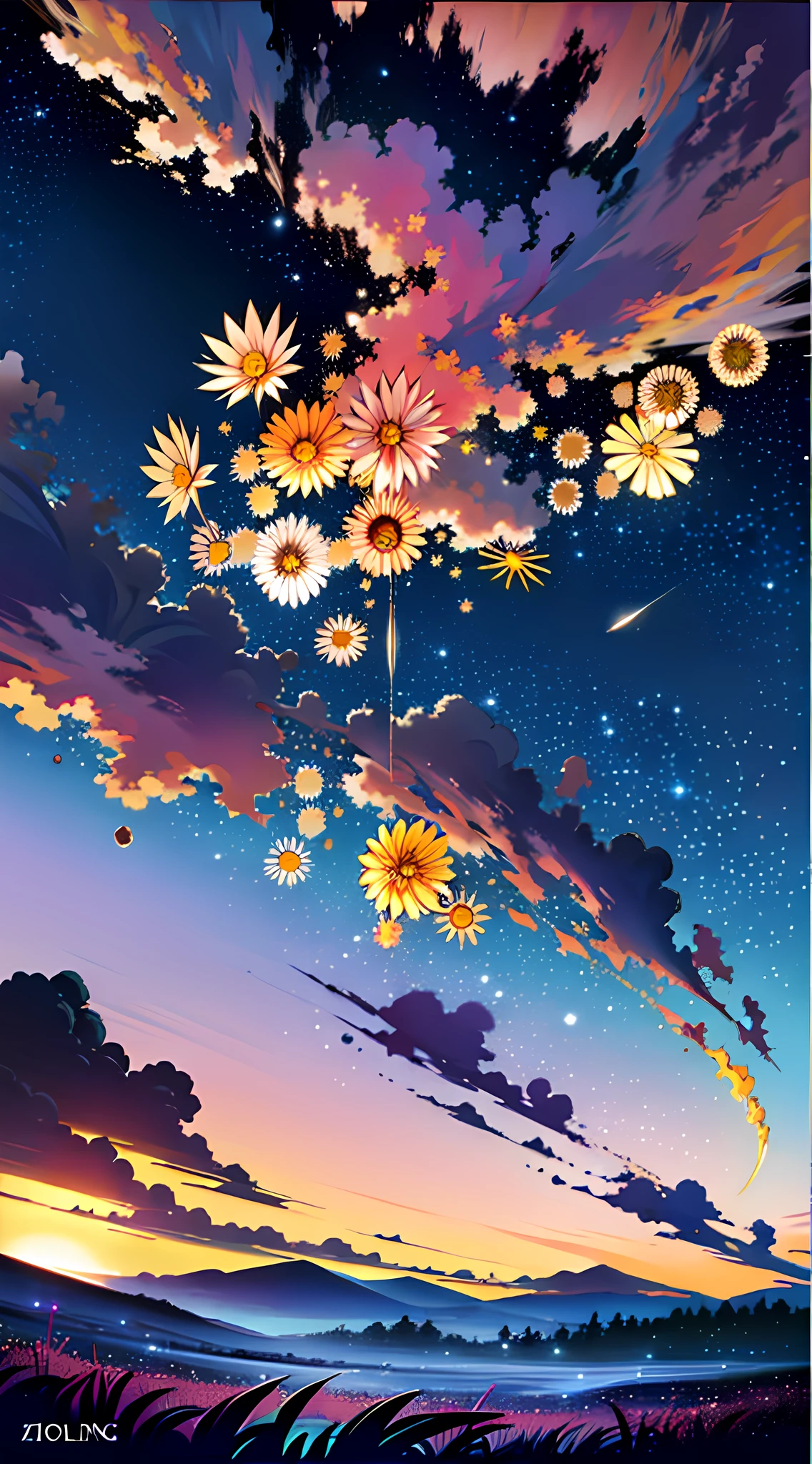 ((A illustration of a very vast fantastic starry sky and mysterious landscape)), masterpiece, BREAK , best quality, ultra detailed, hyper realistic, 16k, high resolution, BREAK , Design an image with a fisheye lens effect, capturing a wide field of view with a distinctive, curved perspective. BREAK , (dutch angle:1.2), BREAK , (Dynamic Composition:1.3), (Viewed from below:1.4), (Wide shot from back:1.4), (zoomed out:1.2), BREAK , (A woman with medium straight hair is sitting in a field of flowers with her dog Cavalier King Charles Spaniel in her arms and looking up at the sky:1.5). BREAK , Midnight starry sky, (Yellow full moon:1.3), (Meteor shower:1.3), (Cloud:1.2), Distant mountains, Trees, Fireflies, BREAK , Colorful vibrant starry sky, Dark blue tone, moonlight, Beautiful dark purple dark blue dark orange dark yellow lighting, Glow Lighting, Atmospheric Lighting, Cinematic lighting, Sparkle, Glowing light, Award-winning, Concept art,