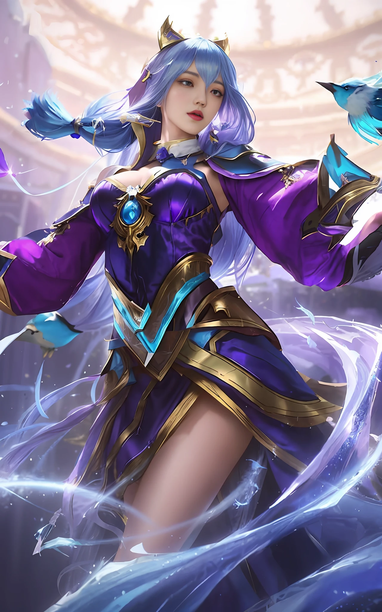 a woman in a purple outfit holding a bird and a blue bird, orianna, irelia, ashe, astri lohne, beautiful celestial mage, seraphine ahri kda, heise jinyao, leblanc, inspired by Shen Zhou, yun ling, splash art, kda, inspired by Ju Lian, artgerm lau, style artgerm