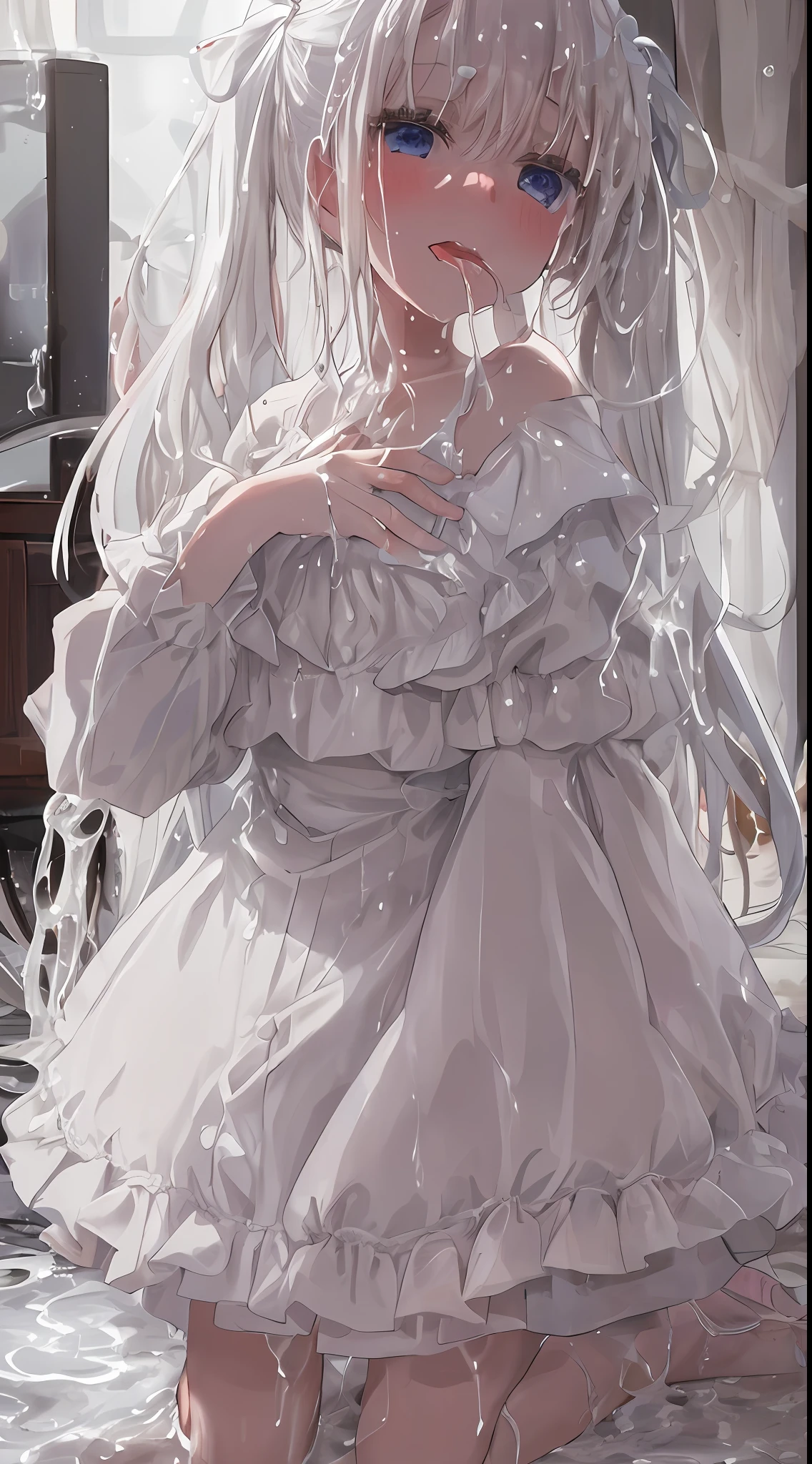 1 girl, as if she is my sister, on the bed, kneel down, long hair, pigtails, white hair, blue eyes, ((wear no clothes )), open mouth, ((((open her mouth widely and show white liquid in her mouth)))), ((white liquid is in her mouth)), dripping white liquid from her tongue, hold white liquid in her mouth, catching dripping white liquid in her palms, excited, blushing, slender, camisole, (soaked and clothes is transparent), open her hands, scoop with the palms of your hands and catch white liquid below her chin, ((stick out her tongue)), white liquid is on her tongue, best quality