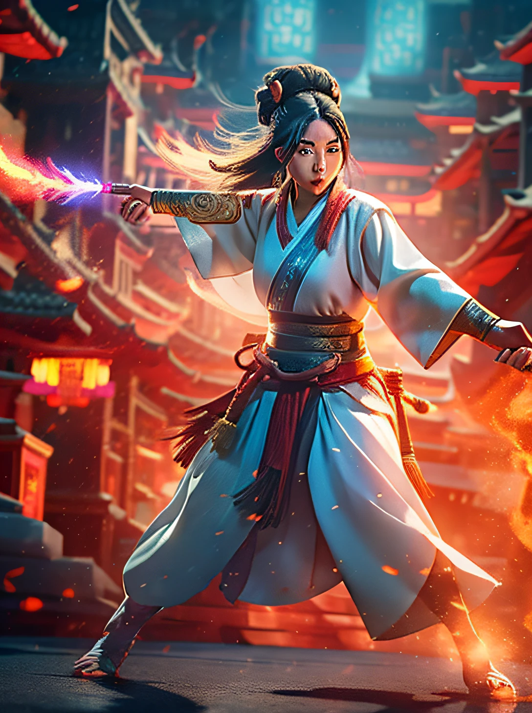 A woman, Mulan style, flame background, fighting posture, hair flowing, standing with legs apart, holding a sword, pointing into the distance, very combative,