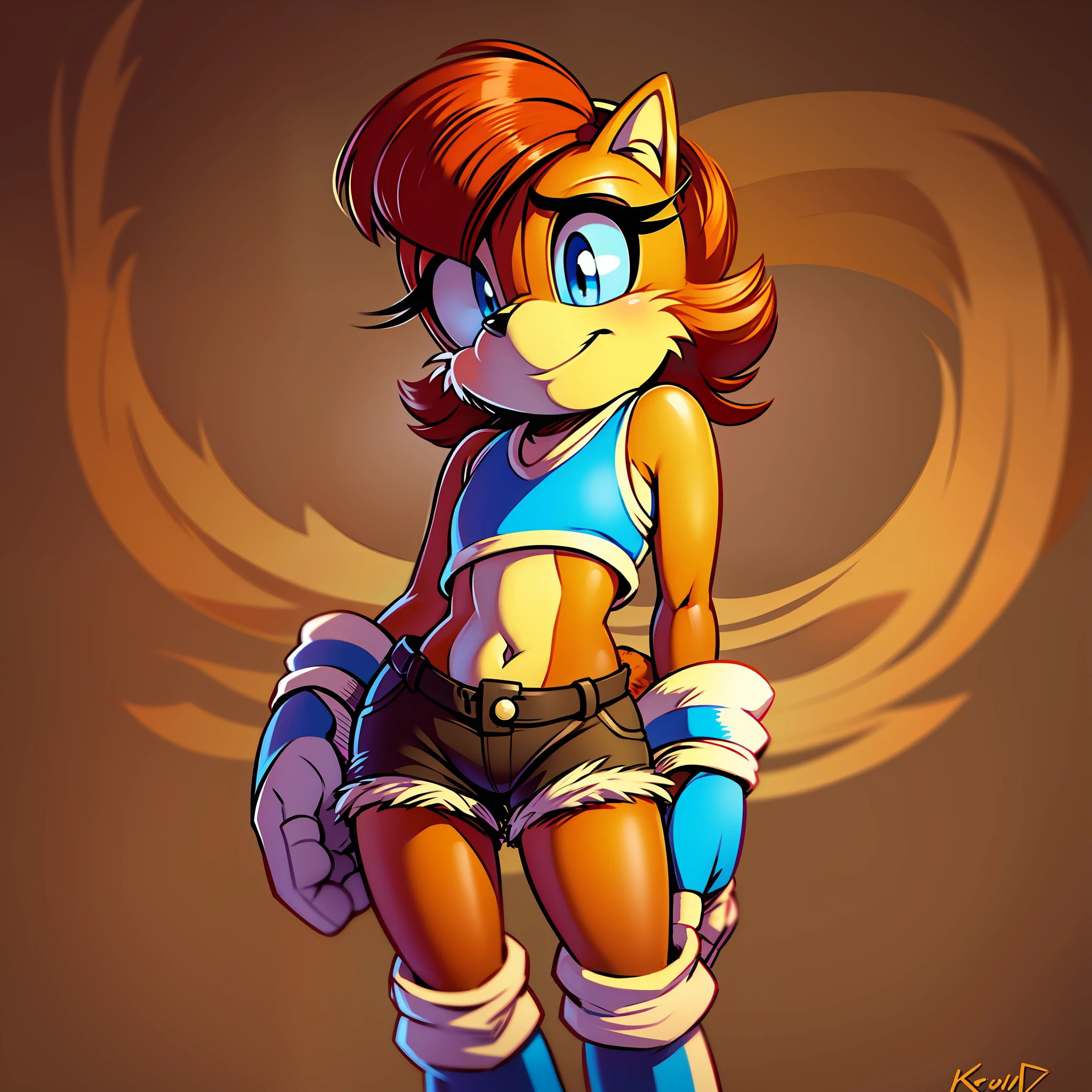 UHD, beautiful and detailed picture of Sally Acorn, {, kid, y you1.4}, 1girl, solo, crop top, gloves, (short tail: 1.3), smile, blue eyes, blue footwear, animal ears, striped background, navel, full body, furry female, furry, midriff, striped, boots, standing, white gloves, orange fur, brown fur, (((no breasts, flat chest: 1.4))), closed mouth, sleeveless, short hair, animal nose, brown hair, signature, clenched hands, shorts, looking to the side, bare shoulders, bangs, orange hair, body fur, two-tone fur, sleeveless shirt, happy, stomach, artist name, white fur