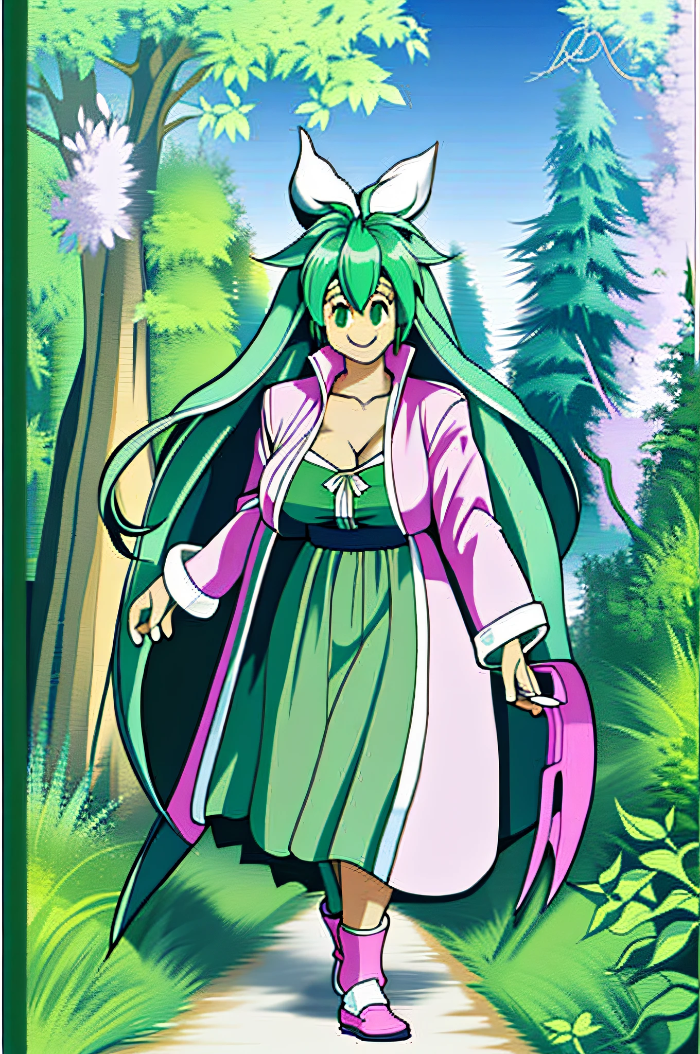 kanna, long robe, walking, big , happy, blaster master, forest, green hair