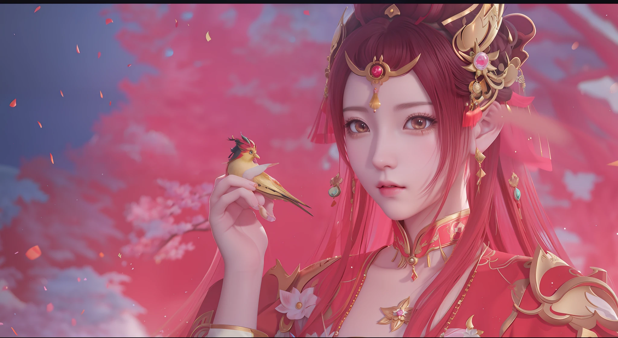 anime girl with red hair and gold jewelry holding a bird, a beautiful fantasy empress, beautiful render of tang dynasty, ((a beautiful fantasy empress)), trending on cgstation, onmyoji, onmyoji detailed art, inspired by Lan Ying, 8k high quality detailed art, unreal engine render + a goddess, inspired by Ju Lian