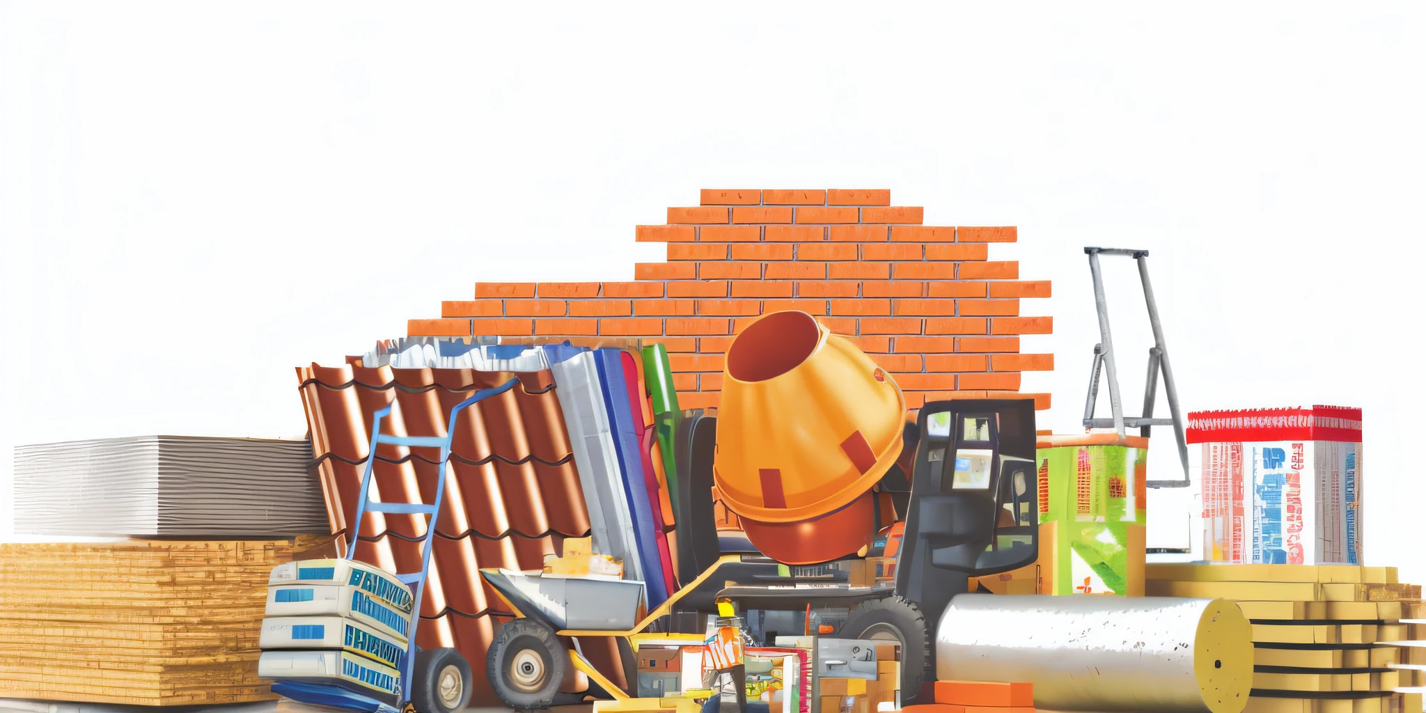arafed construction equipment and tools are stacked on top of each other, bright construction materials, construction, without background, bulky build, advertising photo, illustration, commercial photo, commercial illustration, brick, backdrop, thicc build, exploitable image, photo render, chunky build, full of things